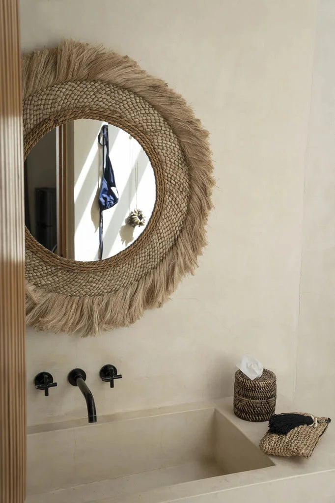 Miroir rond avec cadre en paille naturel pour La boîte de mouchoirs coloniale Marron naturel
