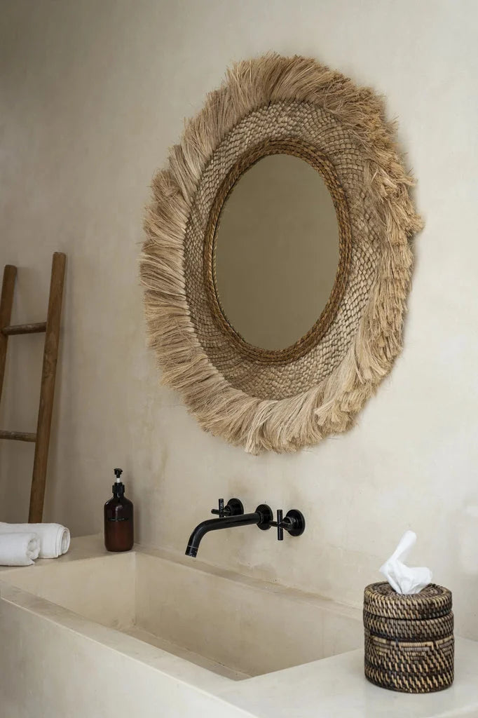Miroir rond avec bord en paille frangée pour La boîte de mouchoirs coloniale Marron Naturel