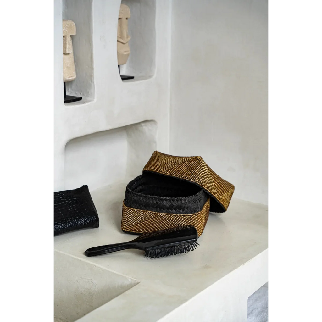 Boîte de rangement rectangulaire en perles dorées motif géométrique