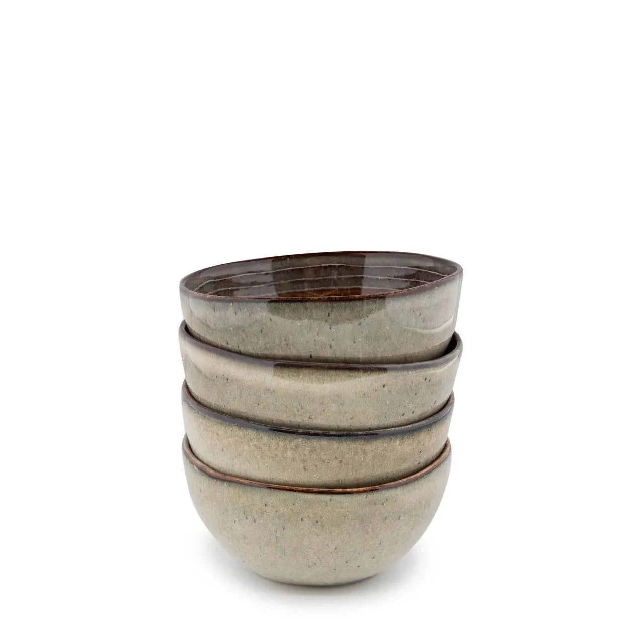 Set de six bols en céramique grise avec intérieur marron brillant, empilés
