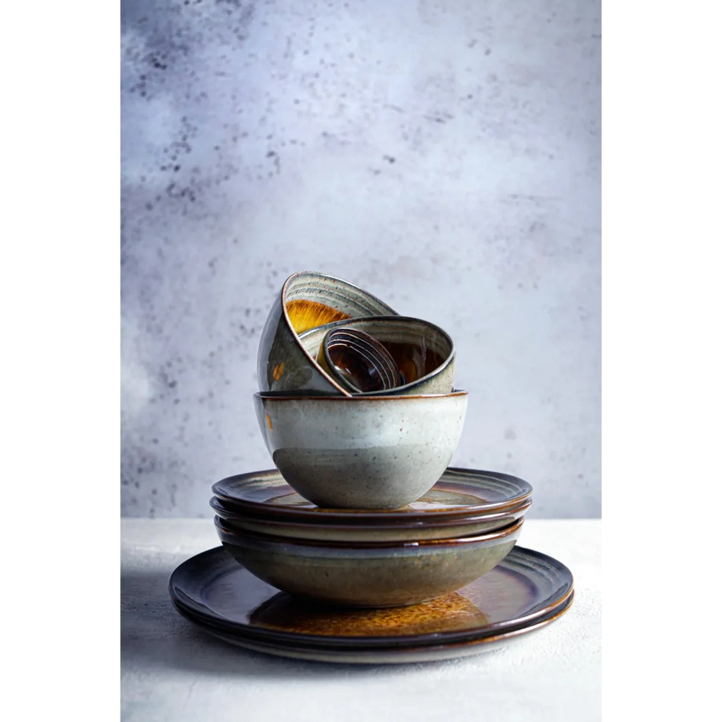 Bol à céréales en céramique gris intérieur marron brillant – Lot de 6