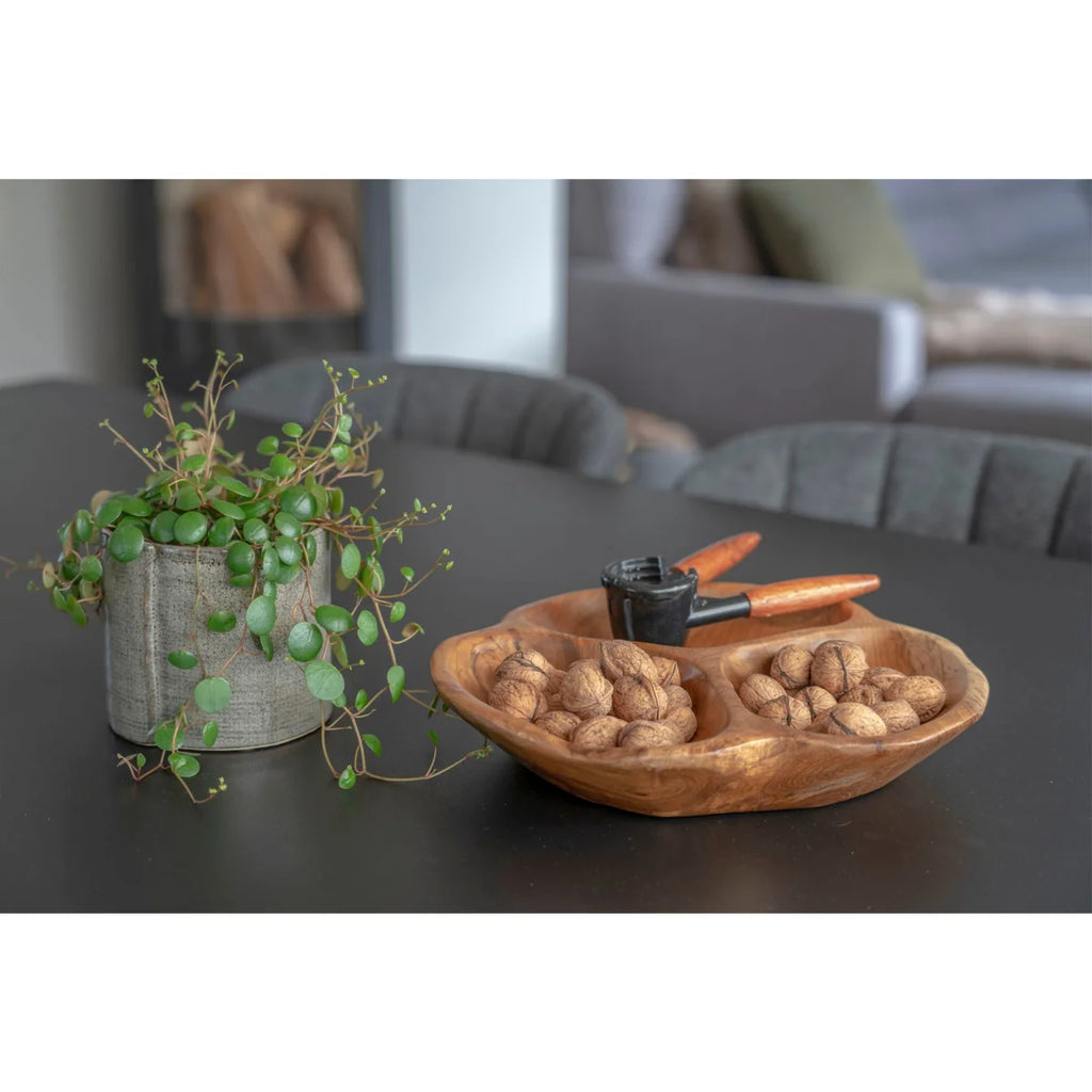 Bol apéritif en bois de teck sculpté, compartimenté, Ø30 cm