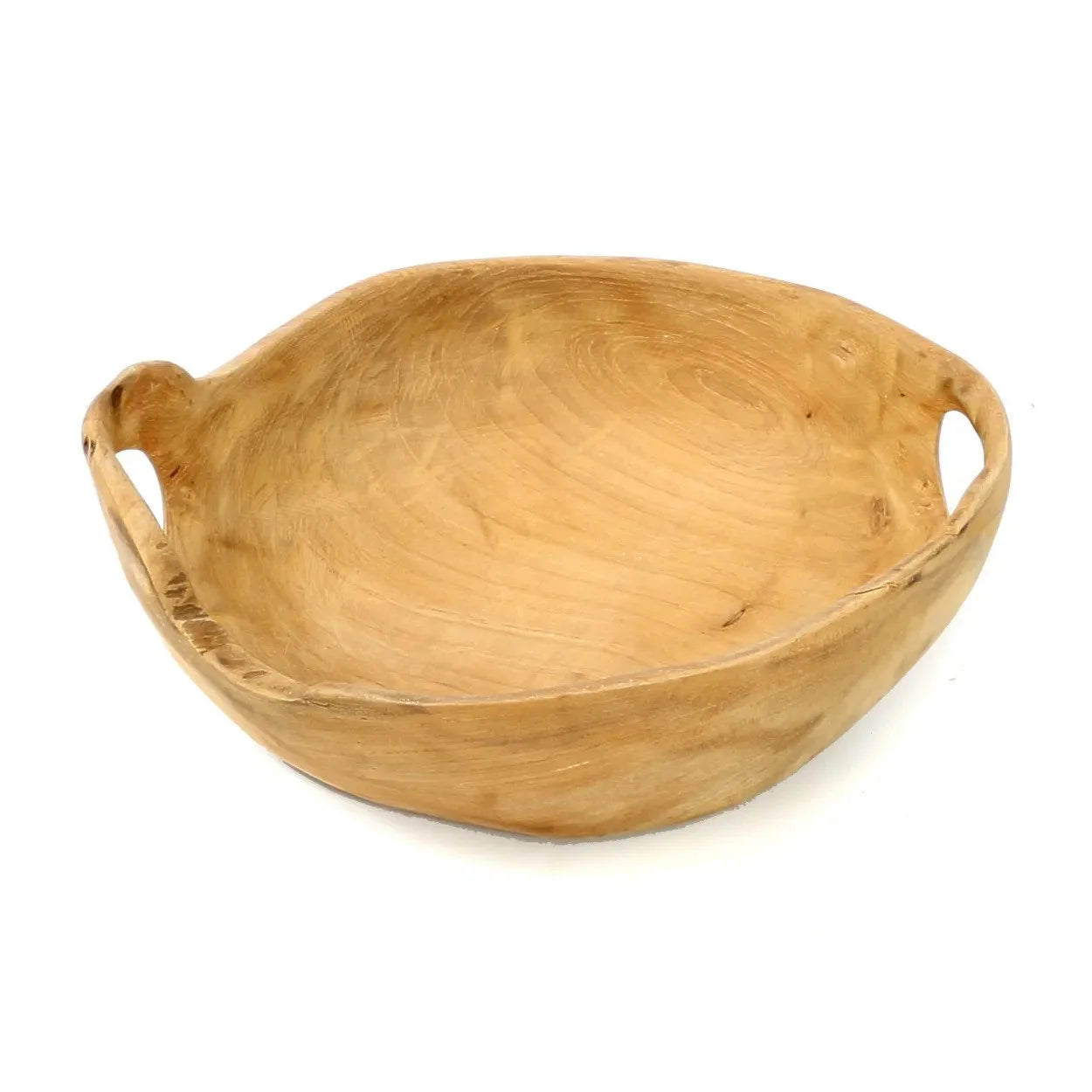 Bol décoratif en bois de teck avec poignée intégrée, finition naturelle artisanale