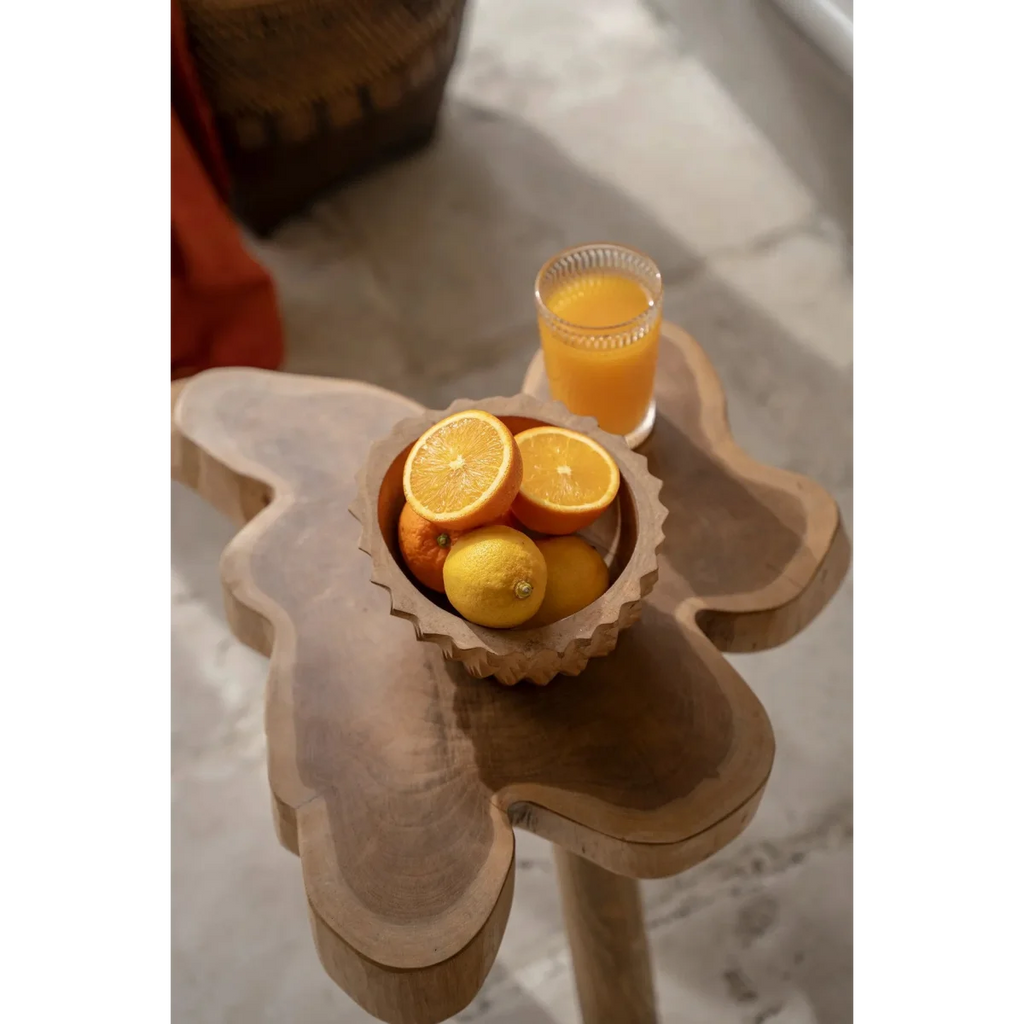 Bol décoratif rond en racine de teck sculptée finition naturelle