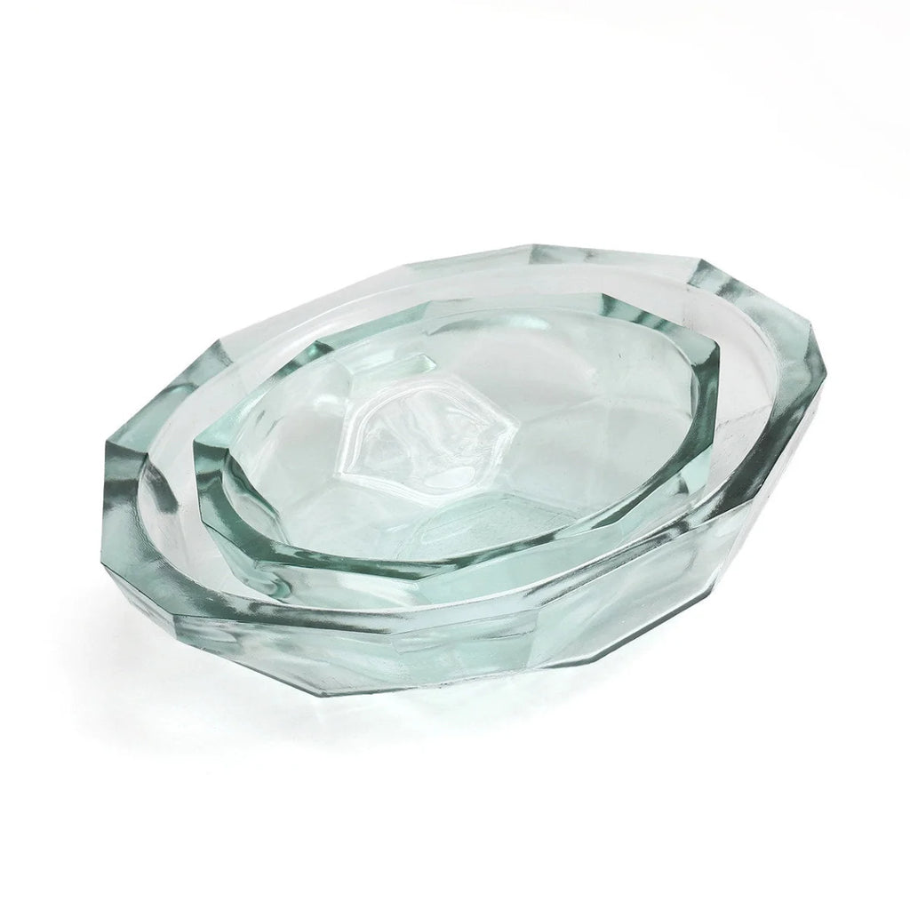 Bol décoratif en verre transparent origami bleu oval