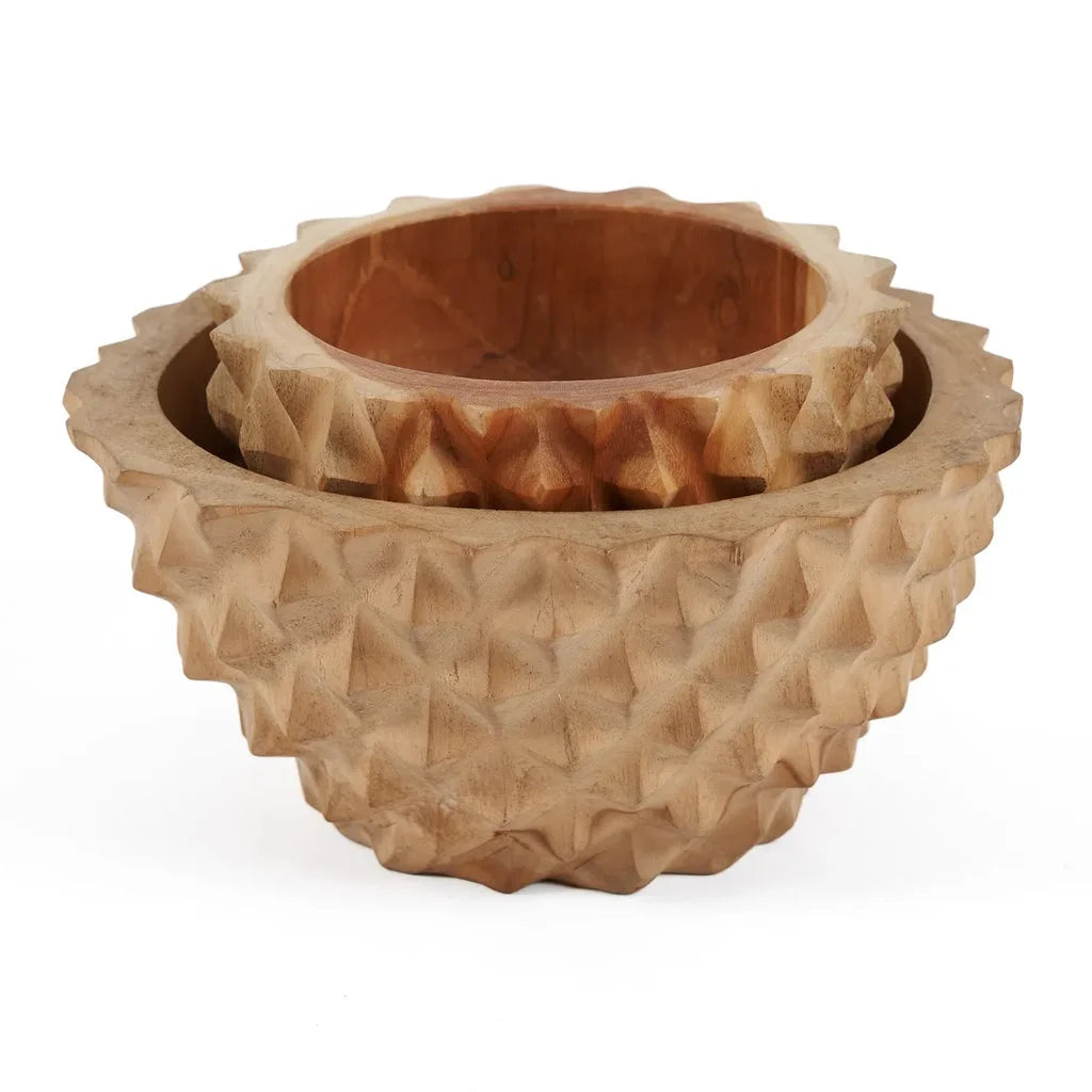 Deux bols en bois texturé, le bol de durian en racine de Teck M