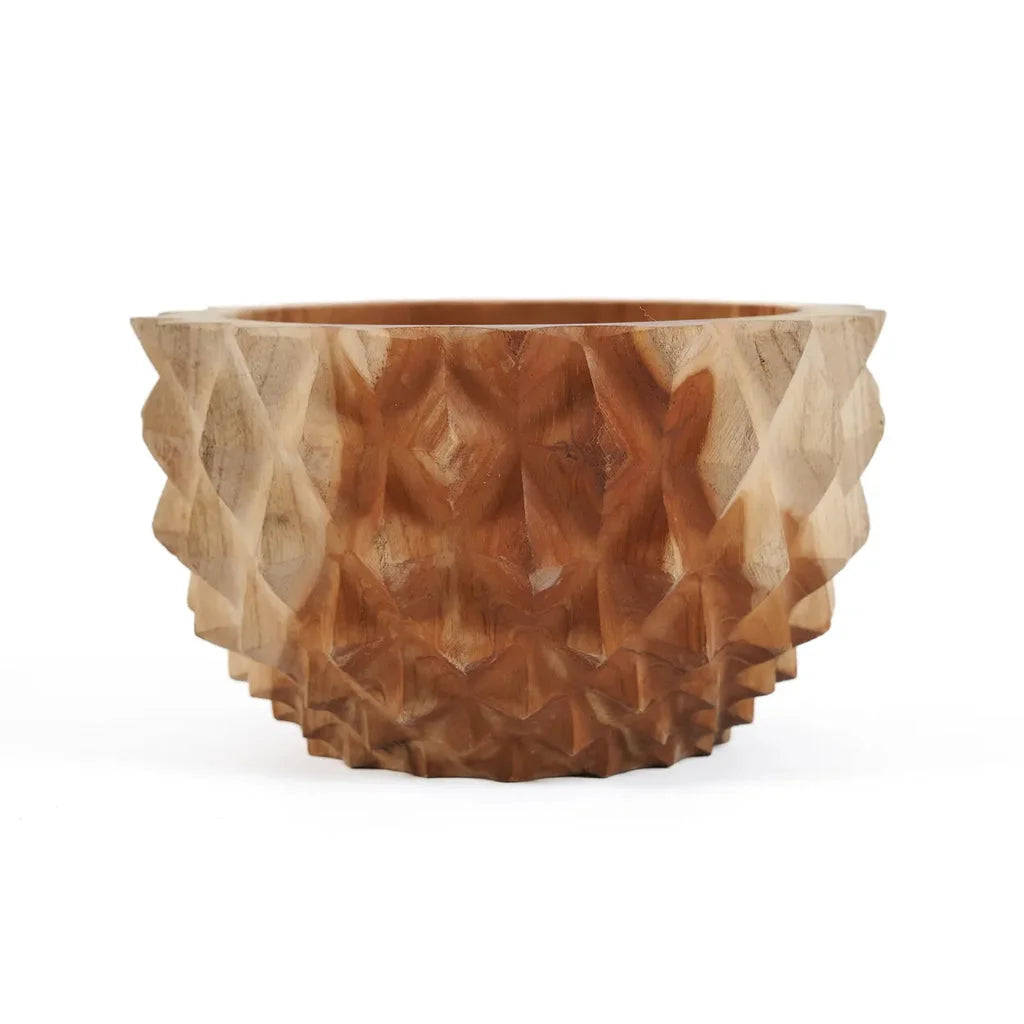 Bol en racine de teck avec motif géométrique marron pour le bol de durian S