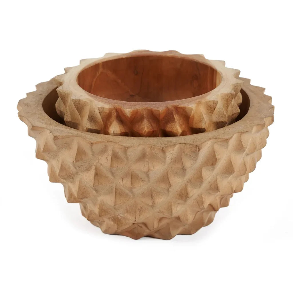 Bol en bois sculpté avec motifs géométriques, Le bol de durian en racine de teck S