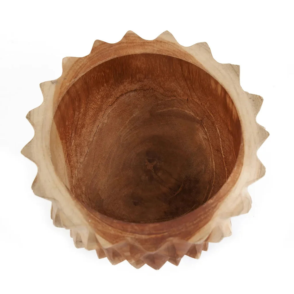 Contenant en bois sculpté avec des bords dentelés pour le durian en racine de teck S