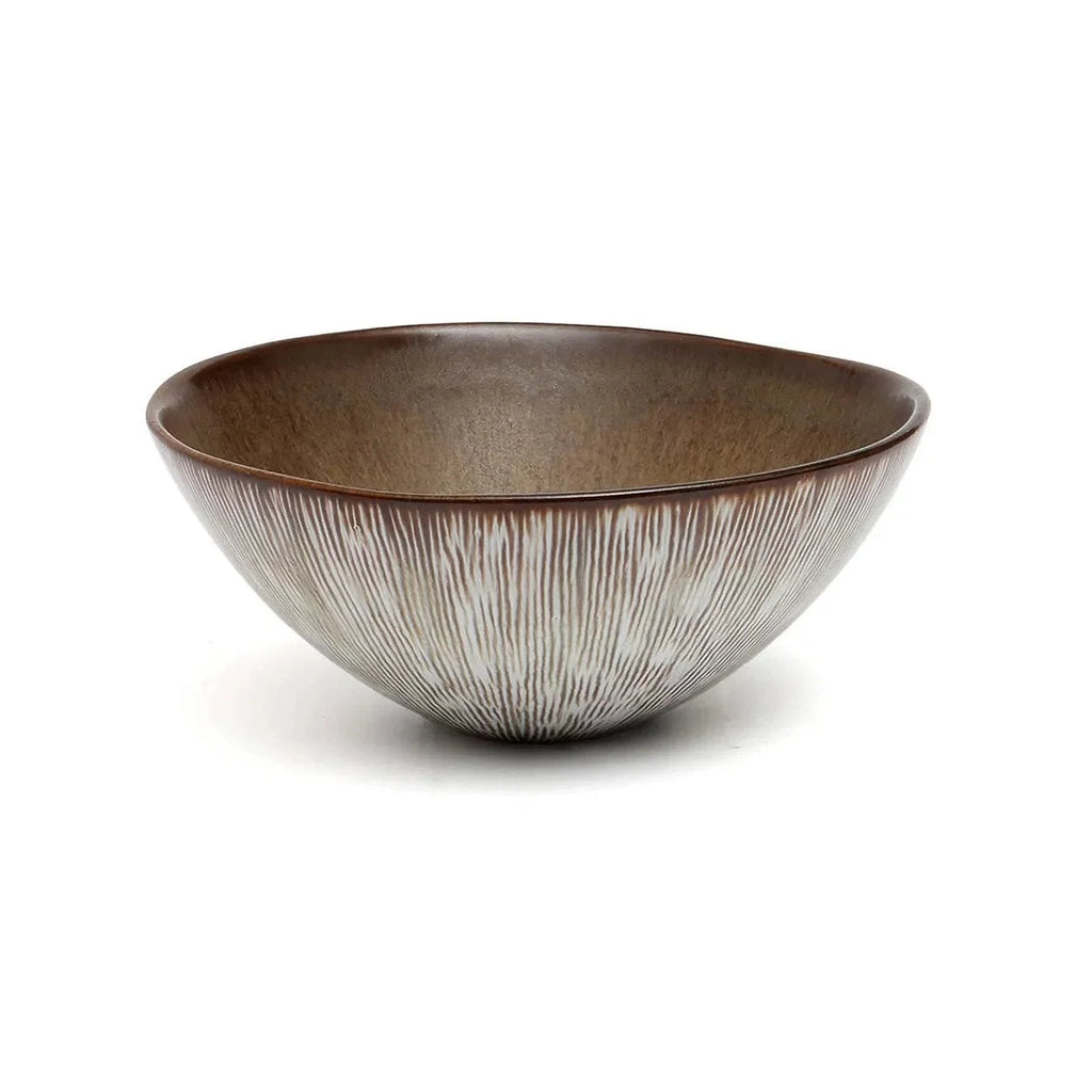 Bol en grès artisanal brun et beige à finition mate striée texturée