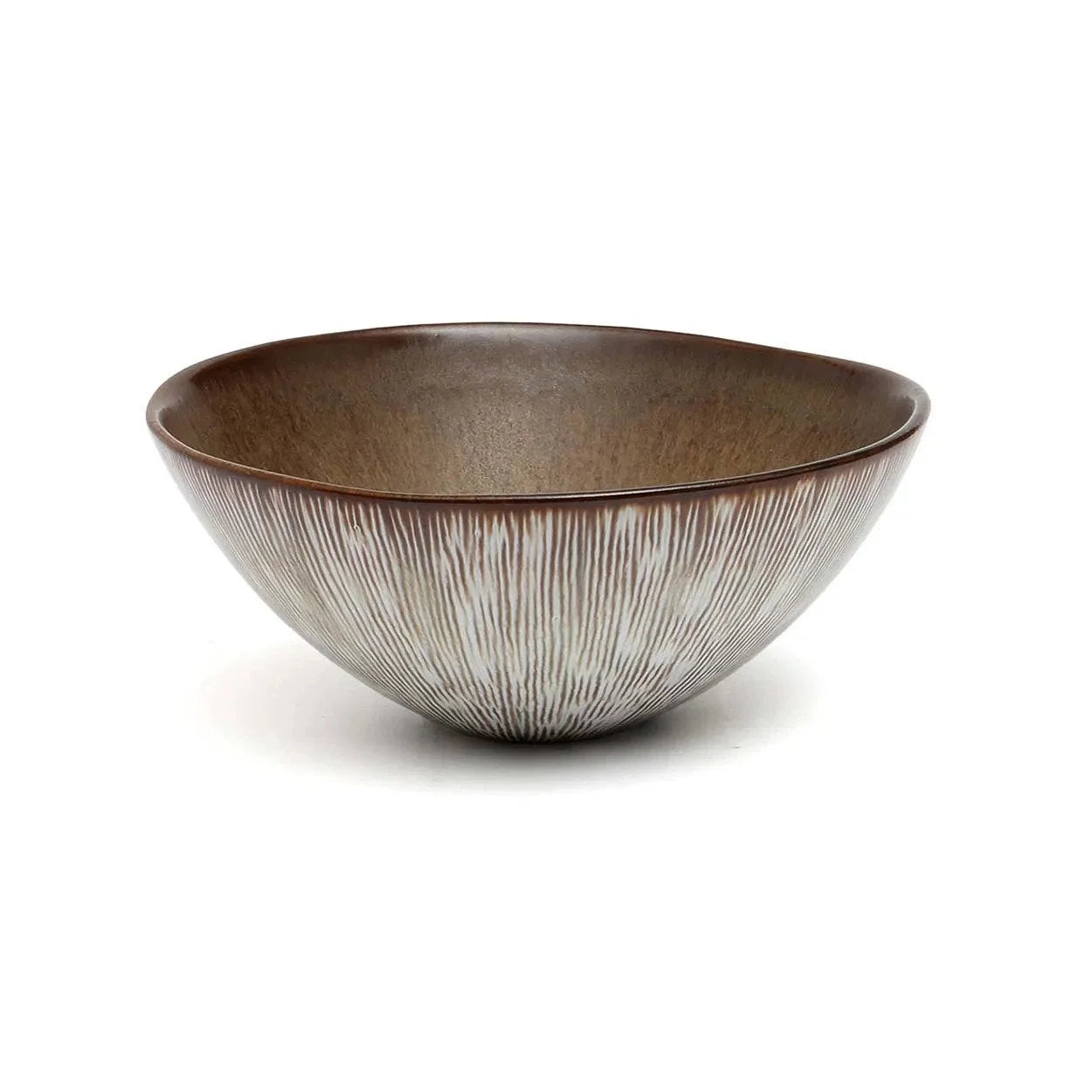 Bol en grès artisanal brun et beige à finition mate striée texturée