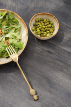 Fourchette ananas doré manche torsadé feuille, bol grès beige émaillé brun fait main