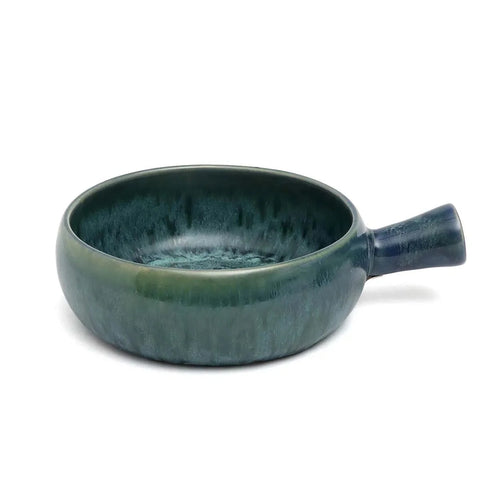 Bol en grès émaillé bleu vert avec poignée intégrée, texture tachetée