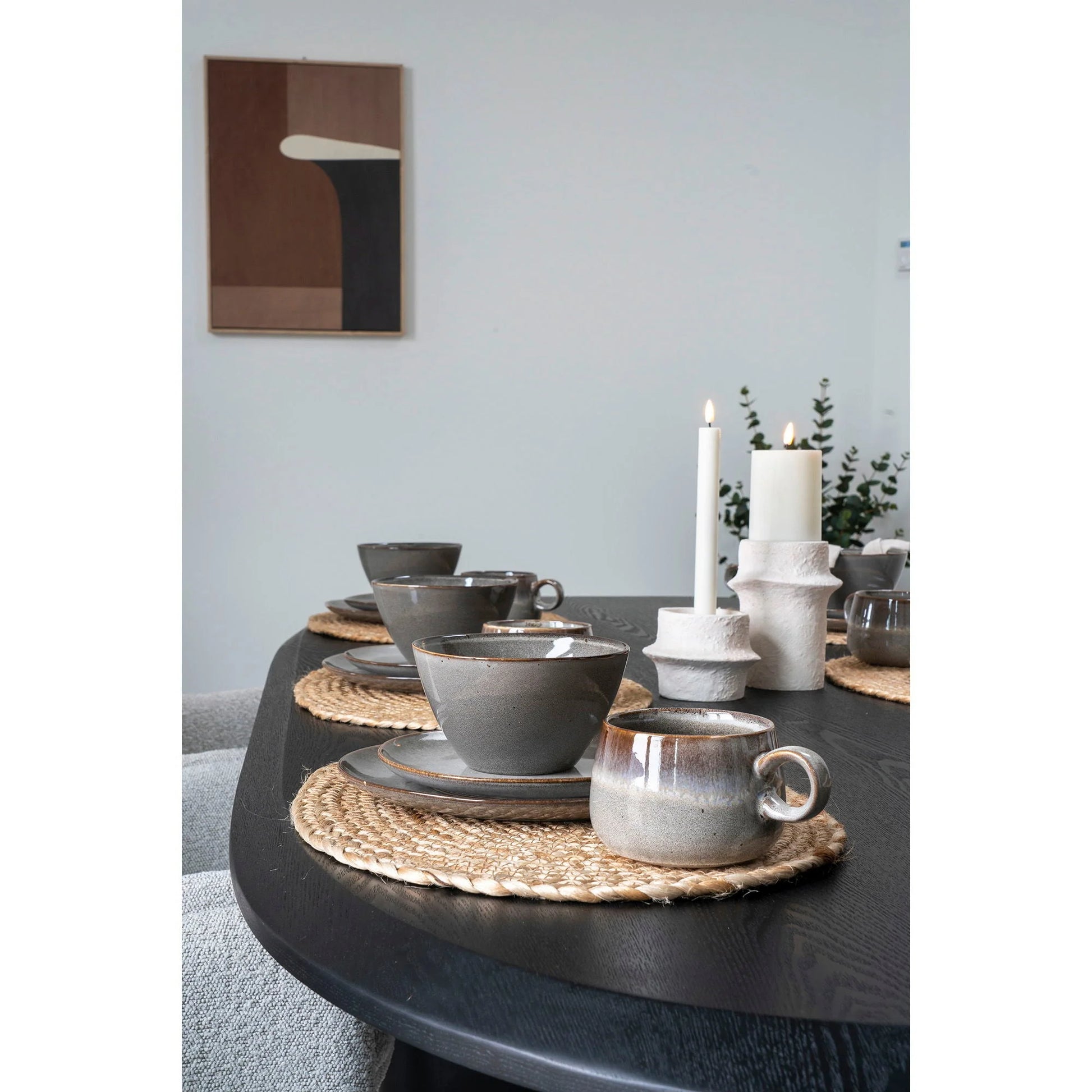 Table de service avec vaisselle en grès gris marron ø15 cm lot de 4 pièces