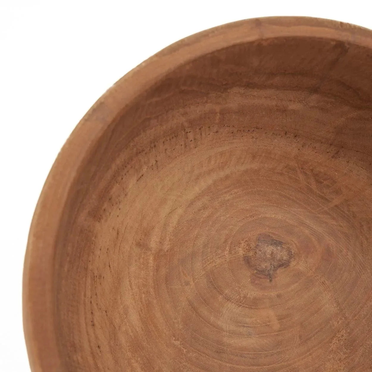 Bol rond en bois de teck naturel avec veinures apparentes, avec un bol en terre cuite à marquages concentriques