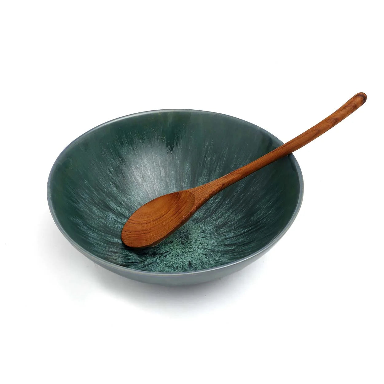 Bol de service en céramique bleue avec cuillère en bois, lot de 2
