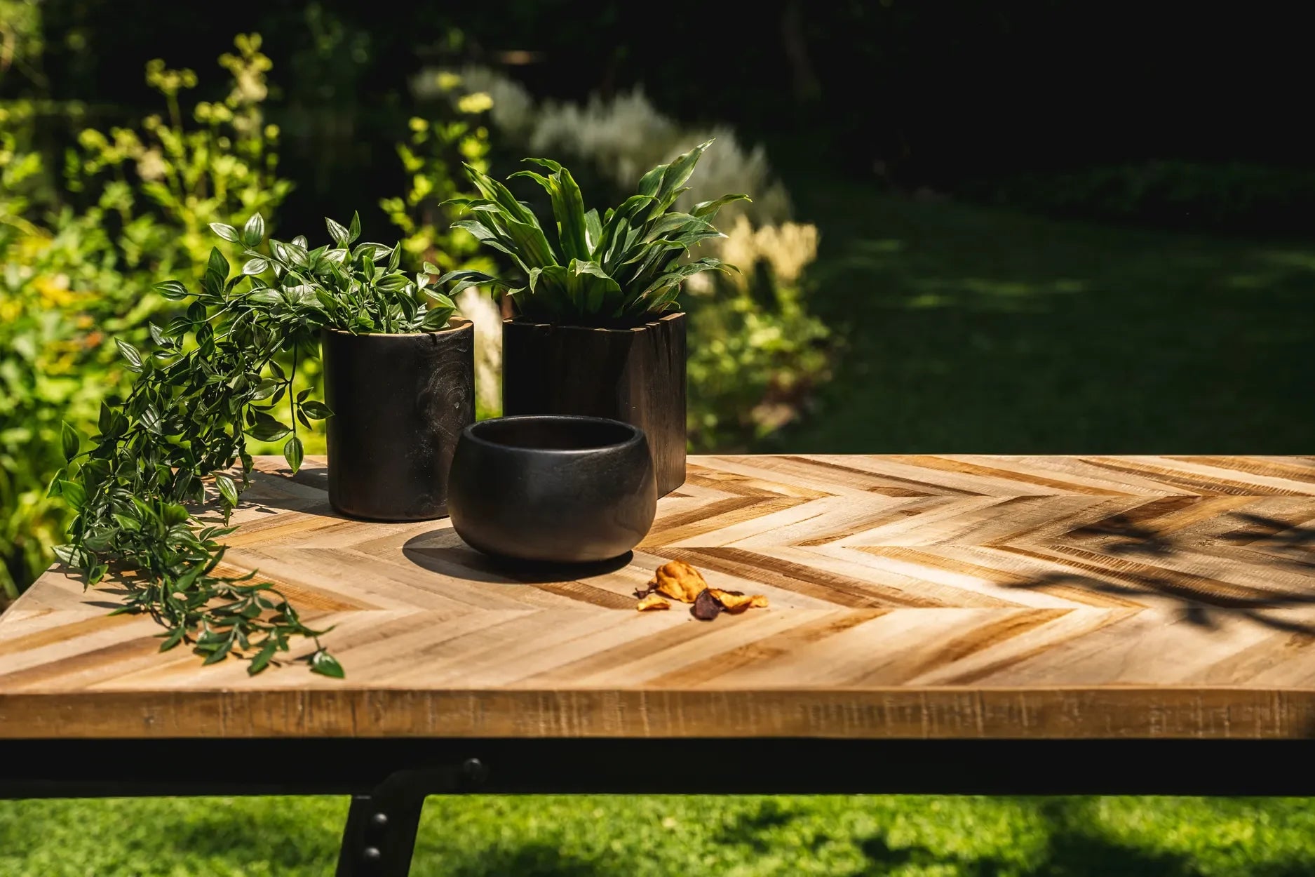 Trois pots de plantes noirs en teck fait main, 15 cm, décoration intérieure élégante