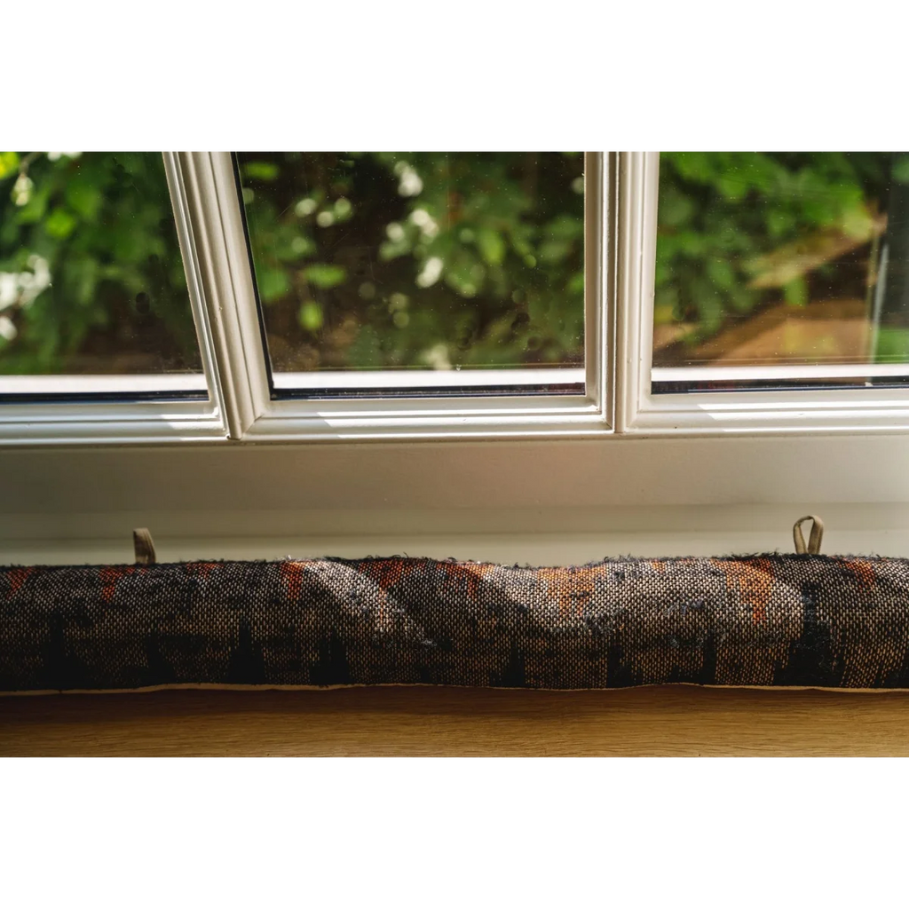 Boudin de porte en coton texturé motif géométrique marron rouge – 80x10 cm