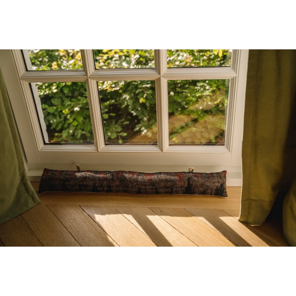 Boudin de porte en coton texturé motif géométrique marron rouge – 80x10 cm