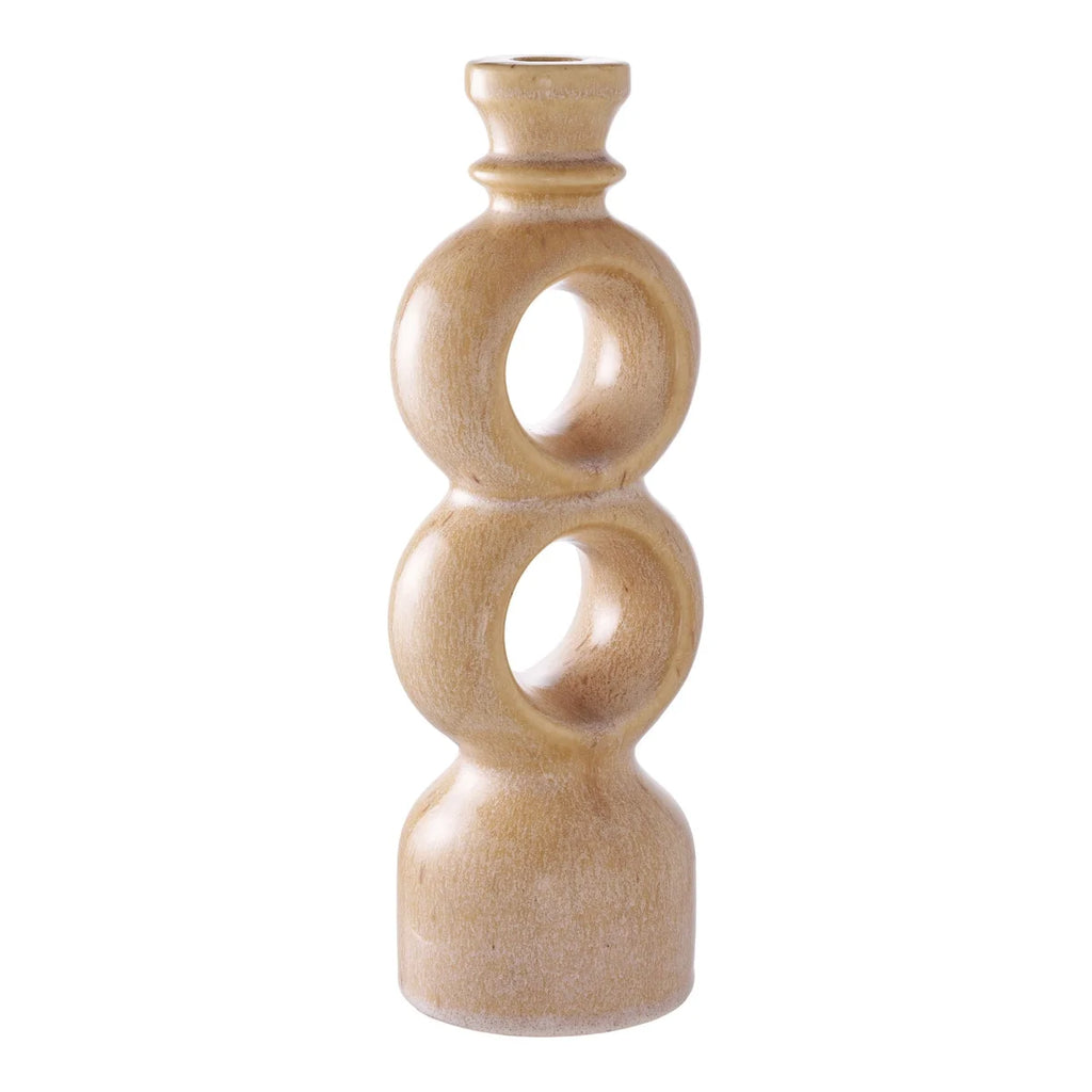 Bougeoir en céramique beige effet bois forme totem ajouré pour bougie fine