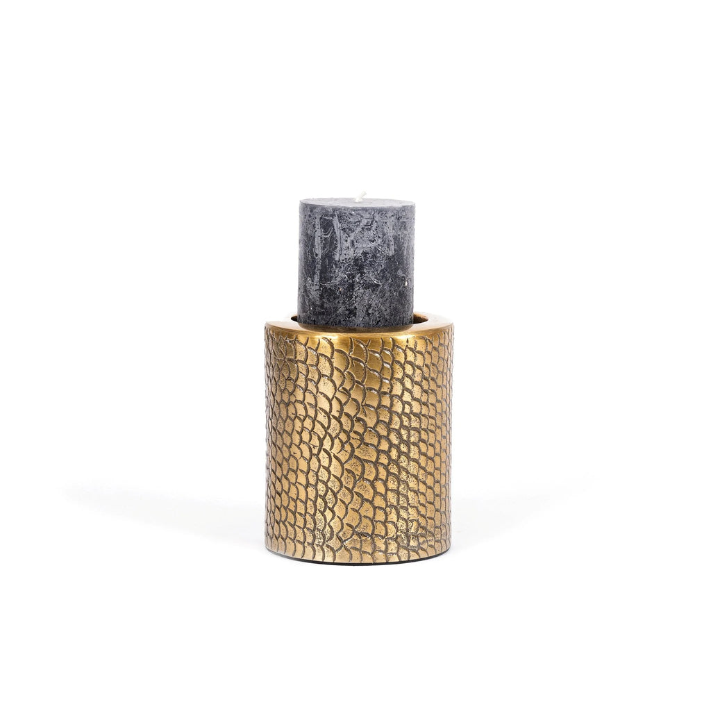 Bougeoir en métal doré relief écailles cylindrique texturé gris foncé