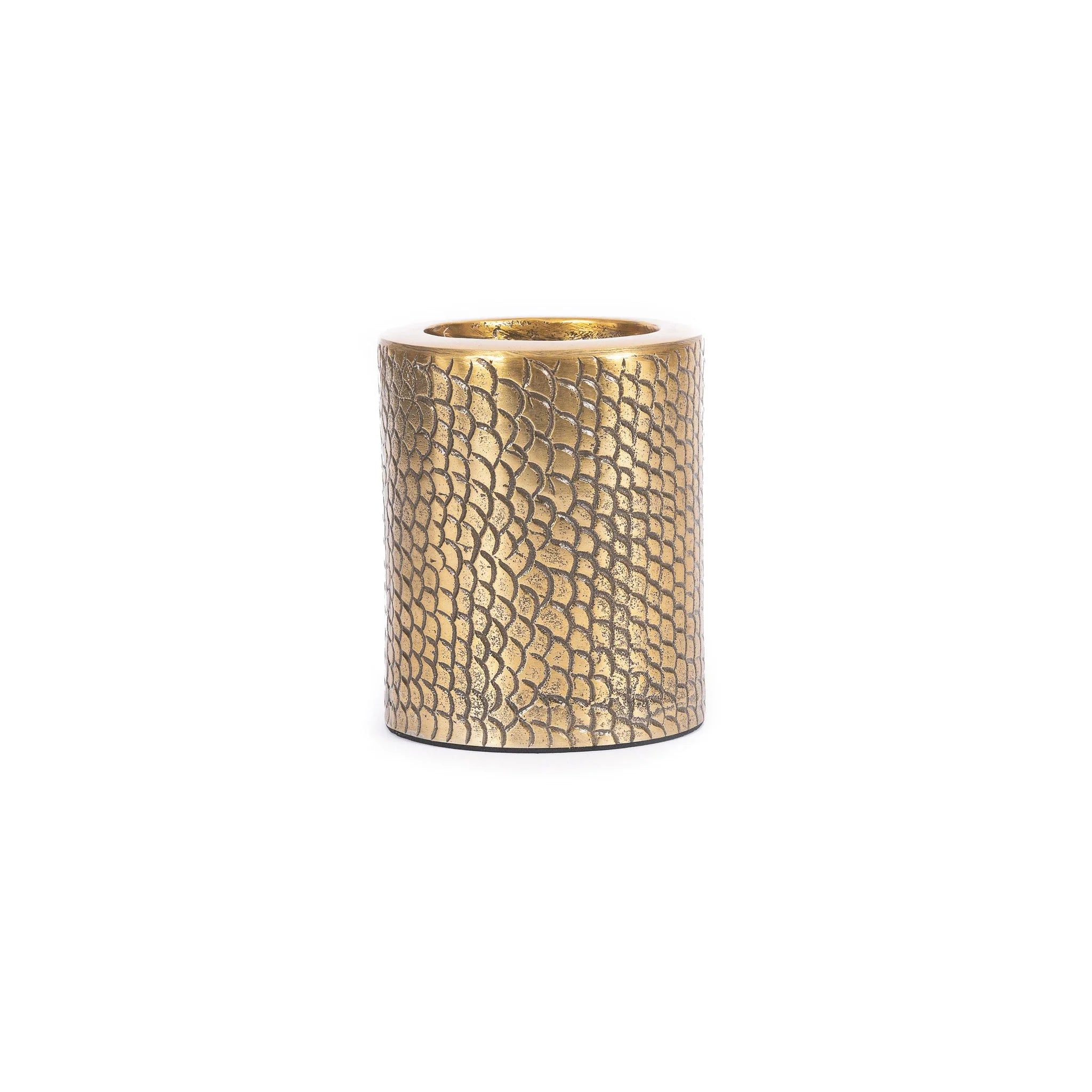 Bougeoir en métal doré relief écailles forme cylindrique pour bougie