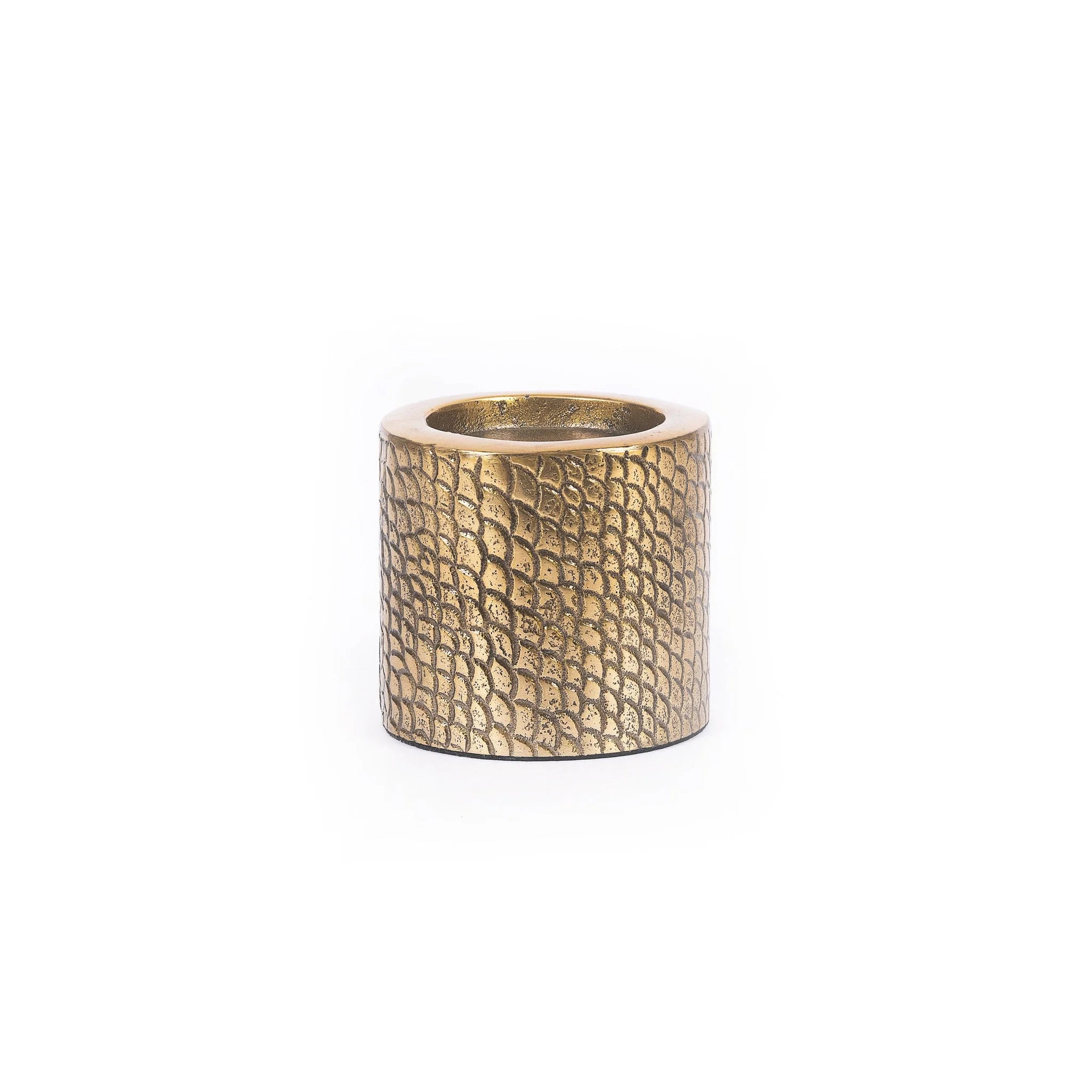 Bougeoir en métal doré relief écailles forme cylindrique pour bougies