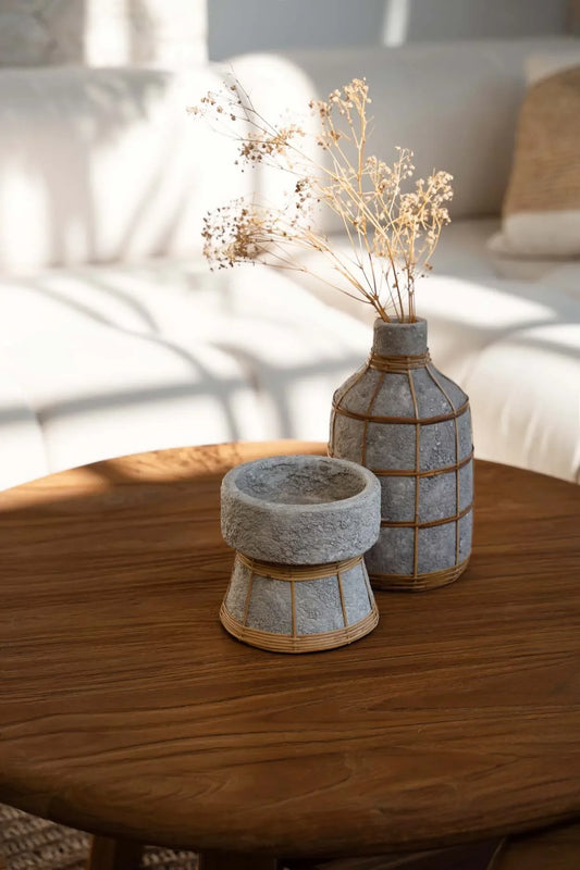 Vase en céramique rustique et porte-bougie en rotin gris béton 12 cm