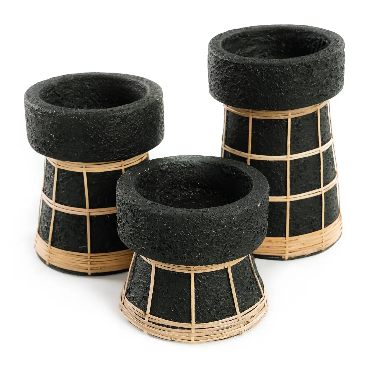 Bougeoir en terre cuite et rotin noir 12 cm