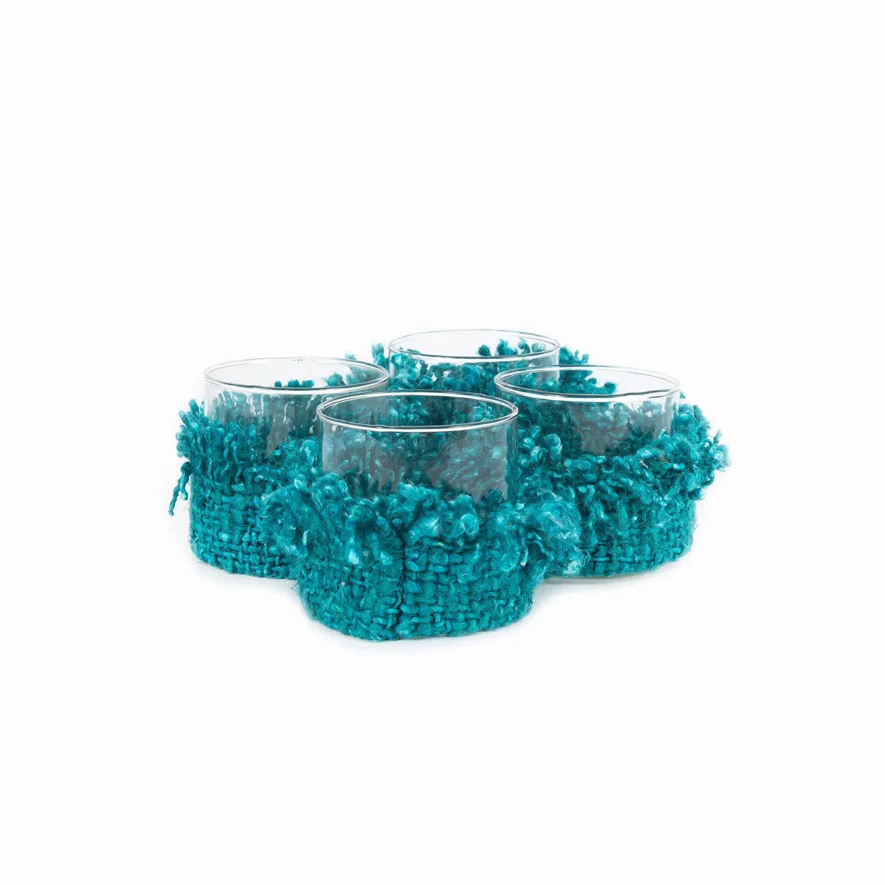 Bougeoir en verre et coton tricoté aqua 8 cm