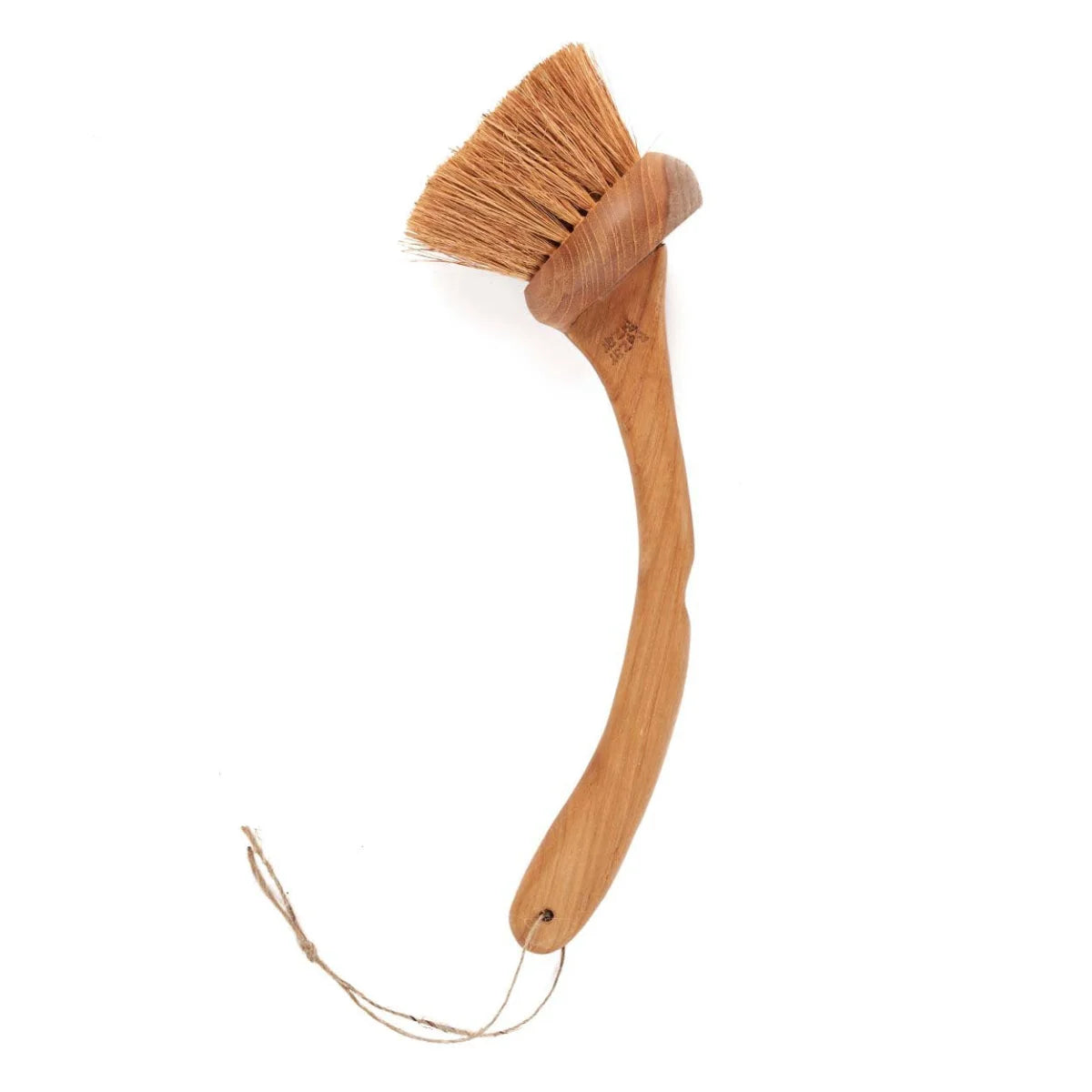 Brosse à vaisselle en bois de teck naturel avec poils végétaux, boucle pour suspension, brun clair