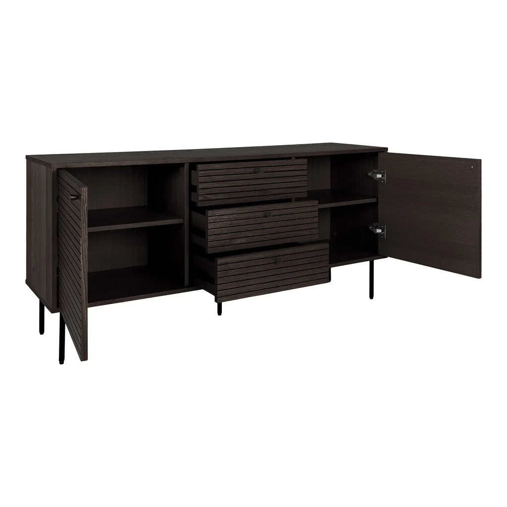 Buffet bas en bois noir avec portes ouvertes et tiroirs horizontaux 150x40 cm