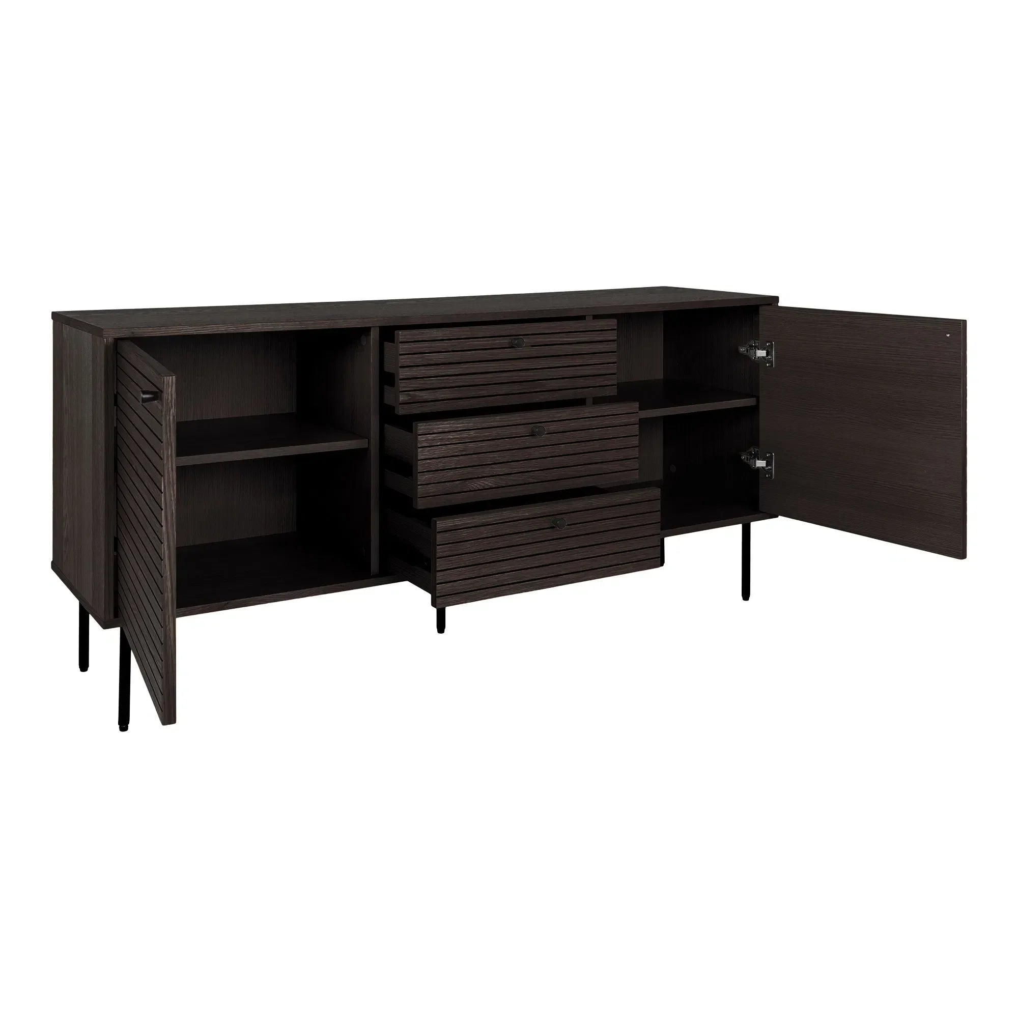 Buffet bas en bois noir avec portes ouvertes et tiroirs horizontaux 150x40 cm
