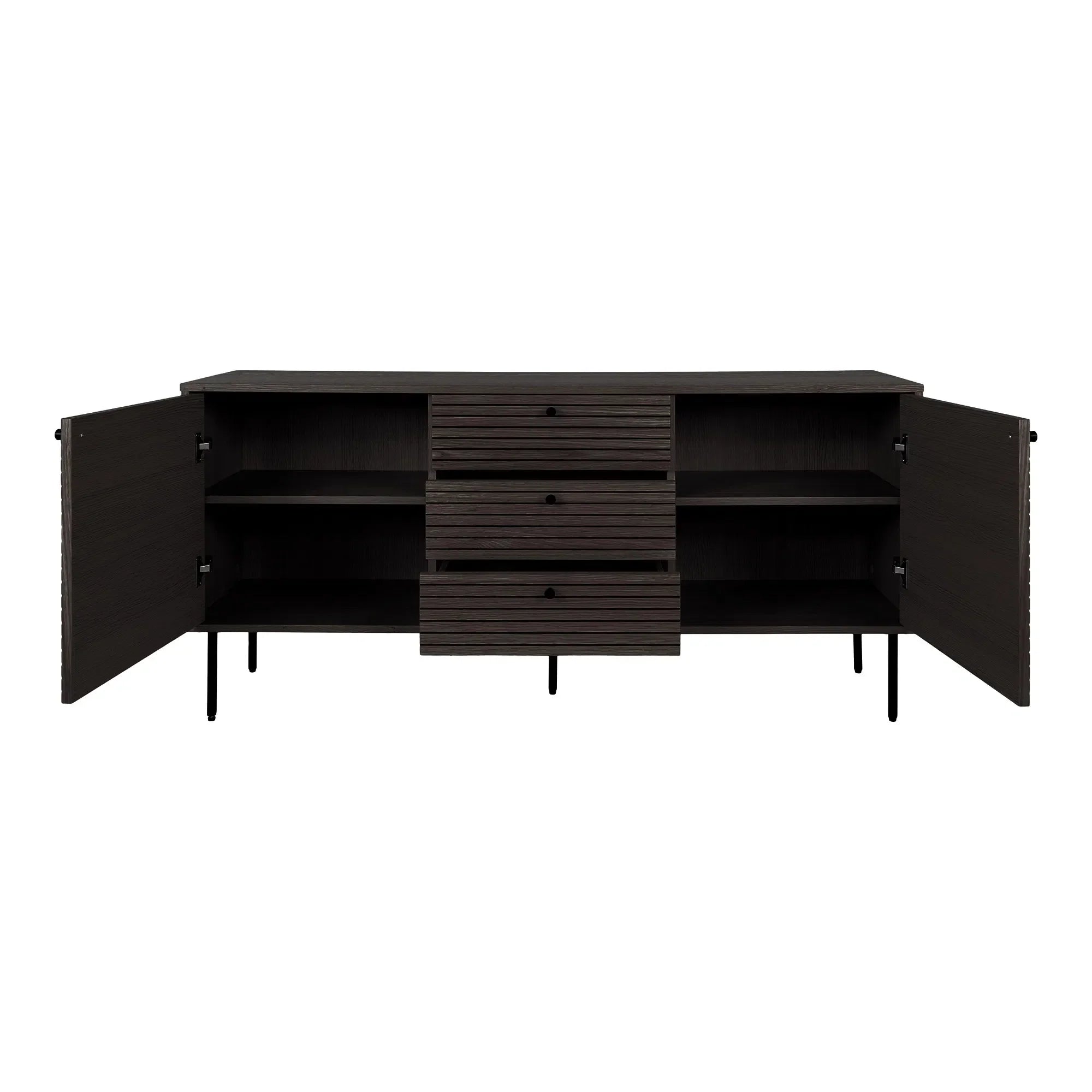 Buffet bas en bois noir à lattes horizontales avec portes et tiroirs ouverts