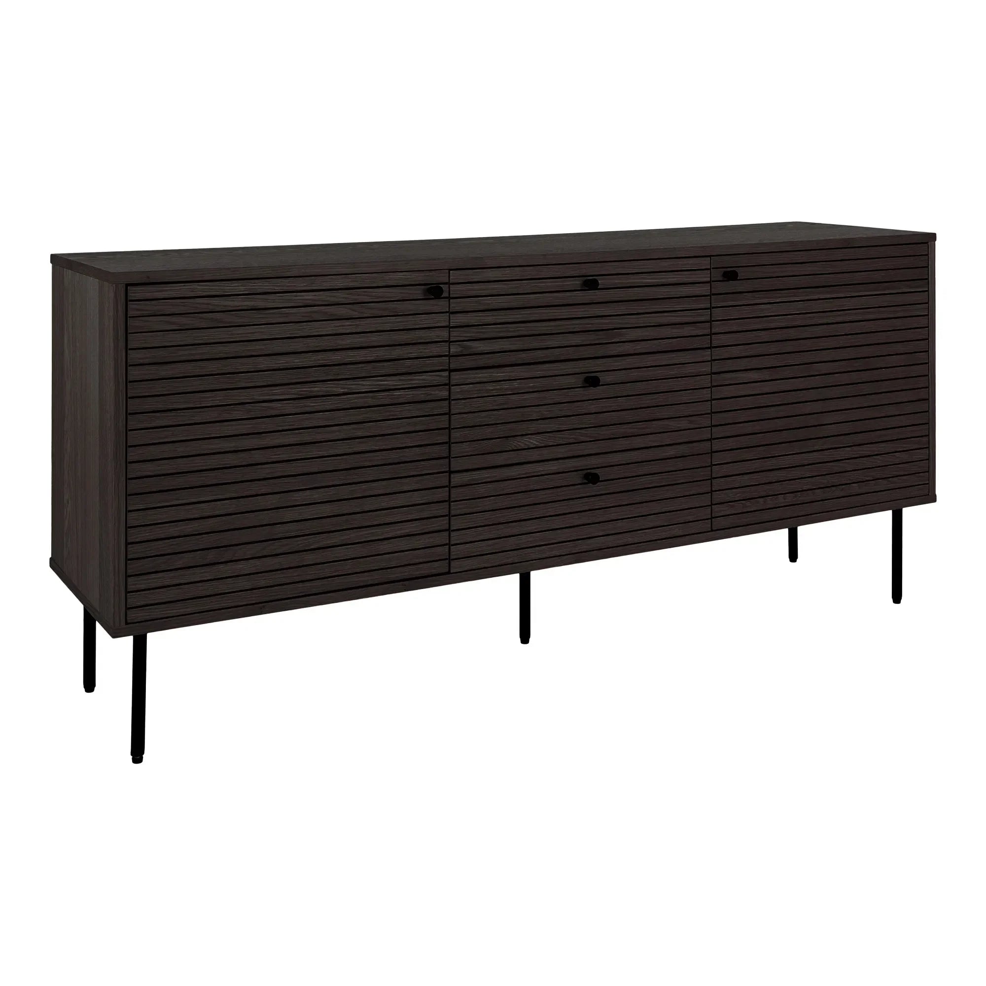 Buffet en bois noir à lattes horizontales avec piétements noirs de 150x40 cm