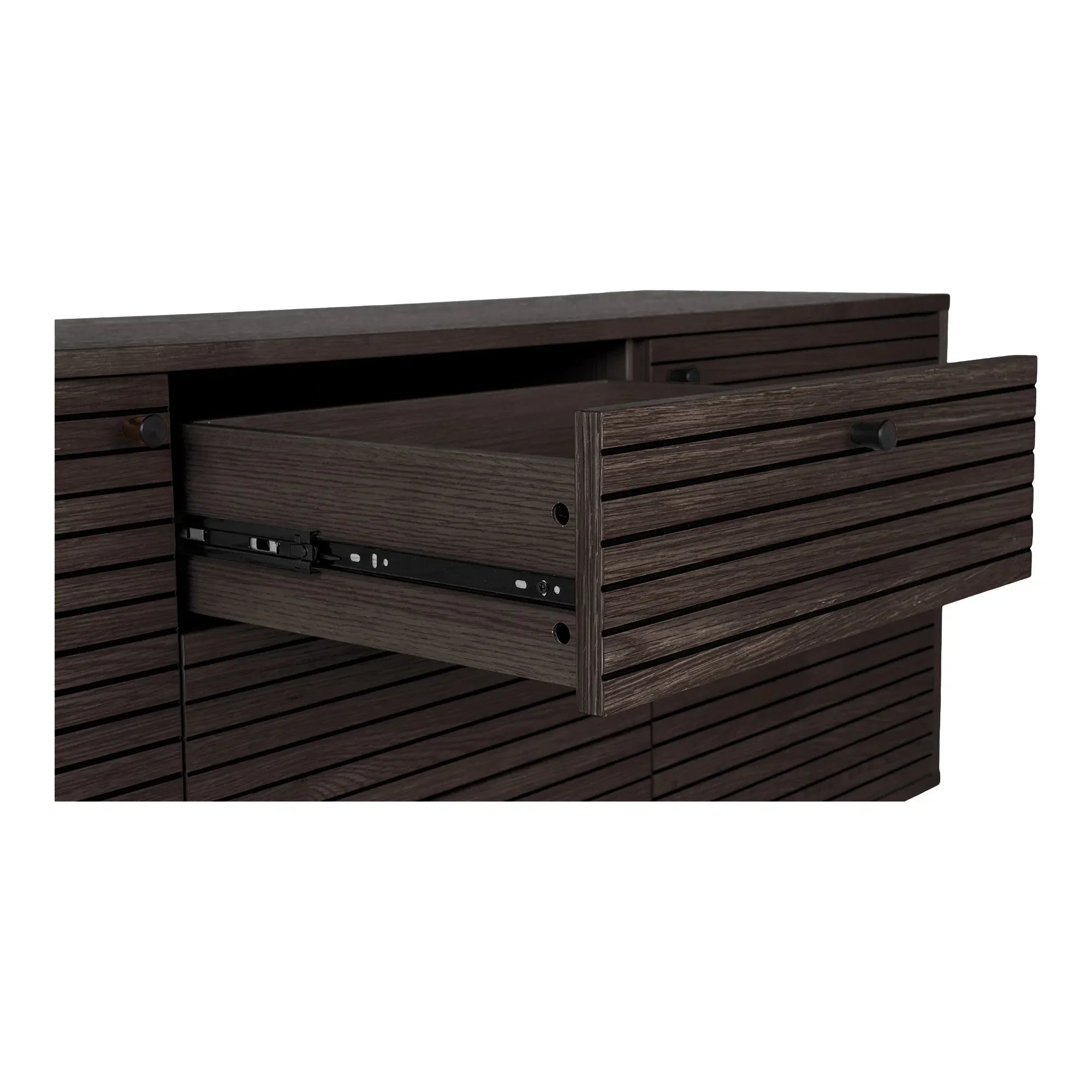 Buffet bas en bois noir avec tiroir ouvert, design à lattes horizontales