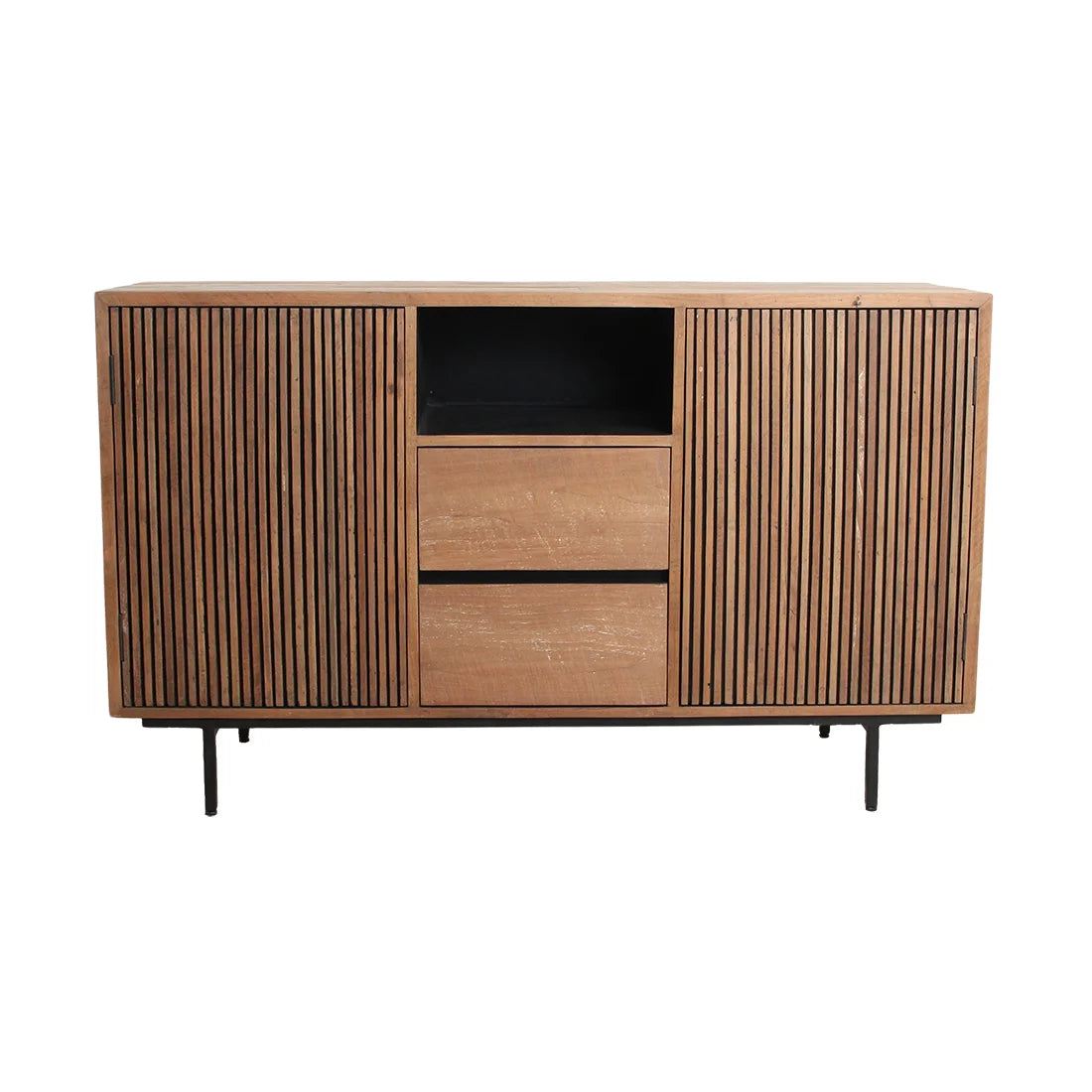 Buffet bas en teck recyclé naturel et noir à lattes verticales, 140x45 cm