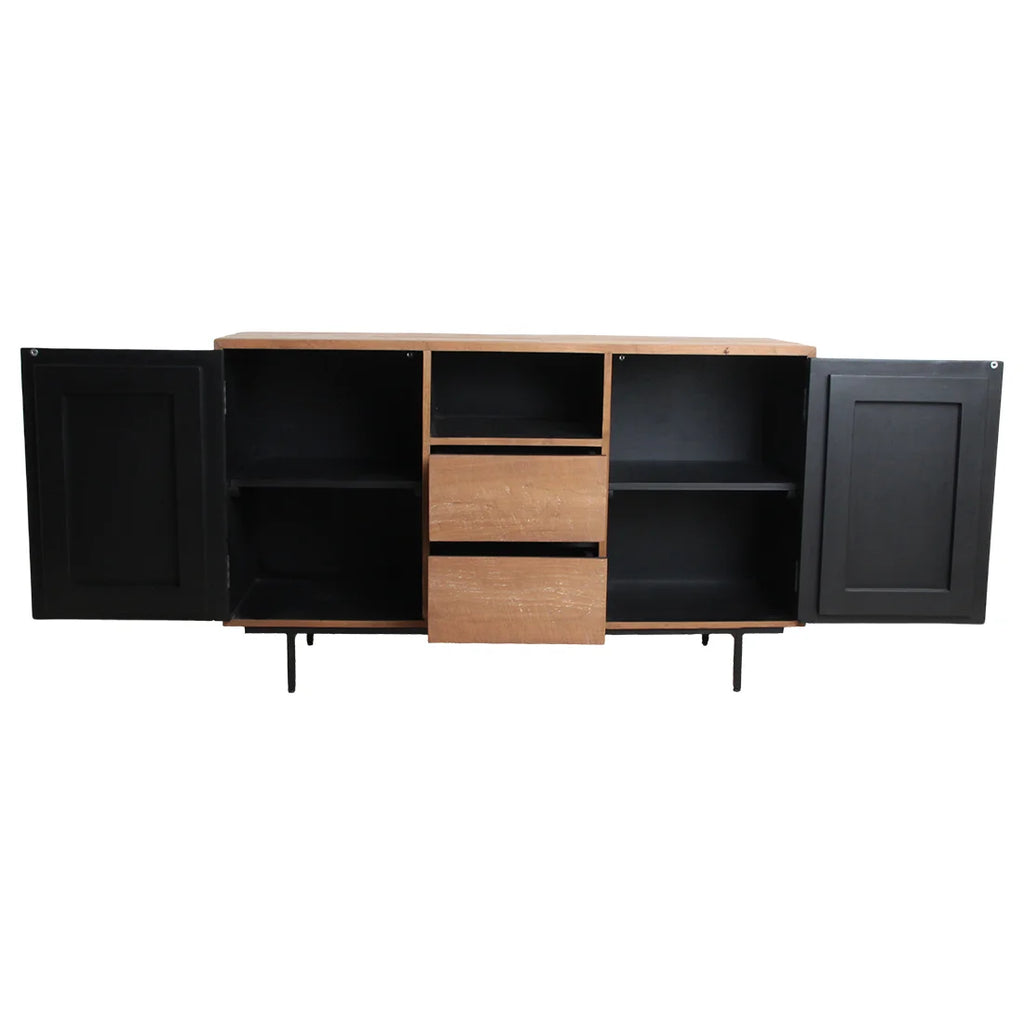 Buffet bas en teck recyclé naturel et noir à lattes, 140x45 cm