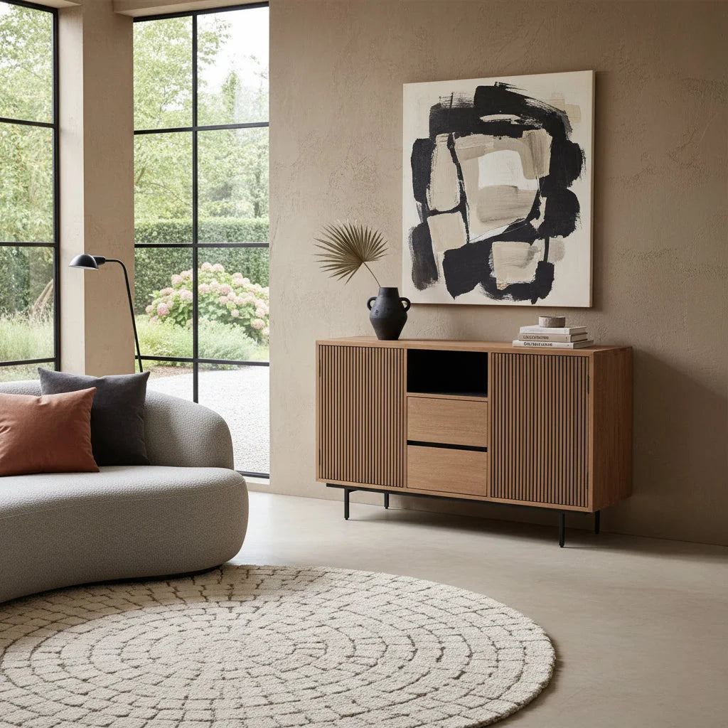 Buffet bas en teck recyclé naturel avec lattes et pieds noirs, 140x45 cm