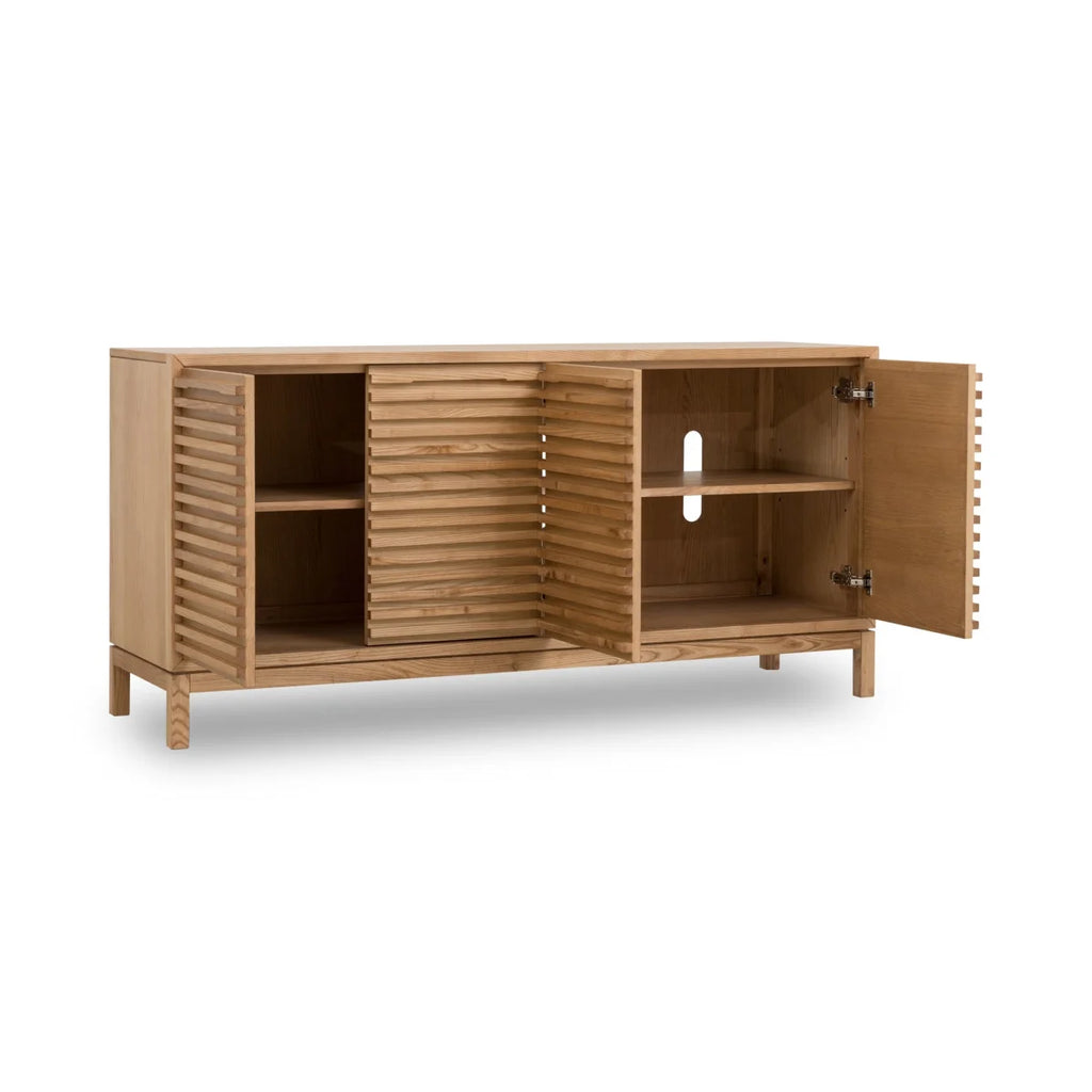 Buffet en bois clair façade cannelée 4 portes 163x46 cm
