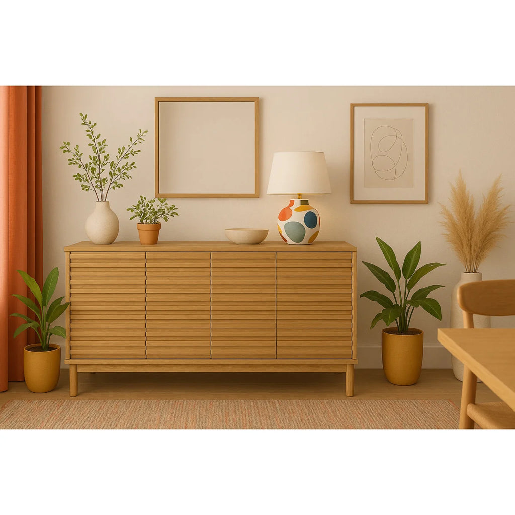 Buffet en bois clair à façade cannelée, 4 portes, 163x46 cm