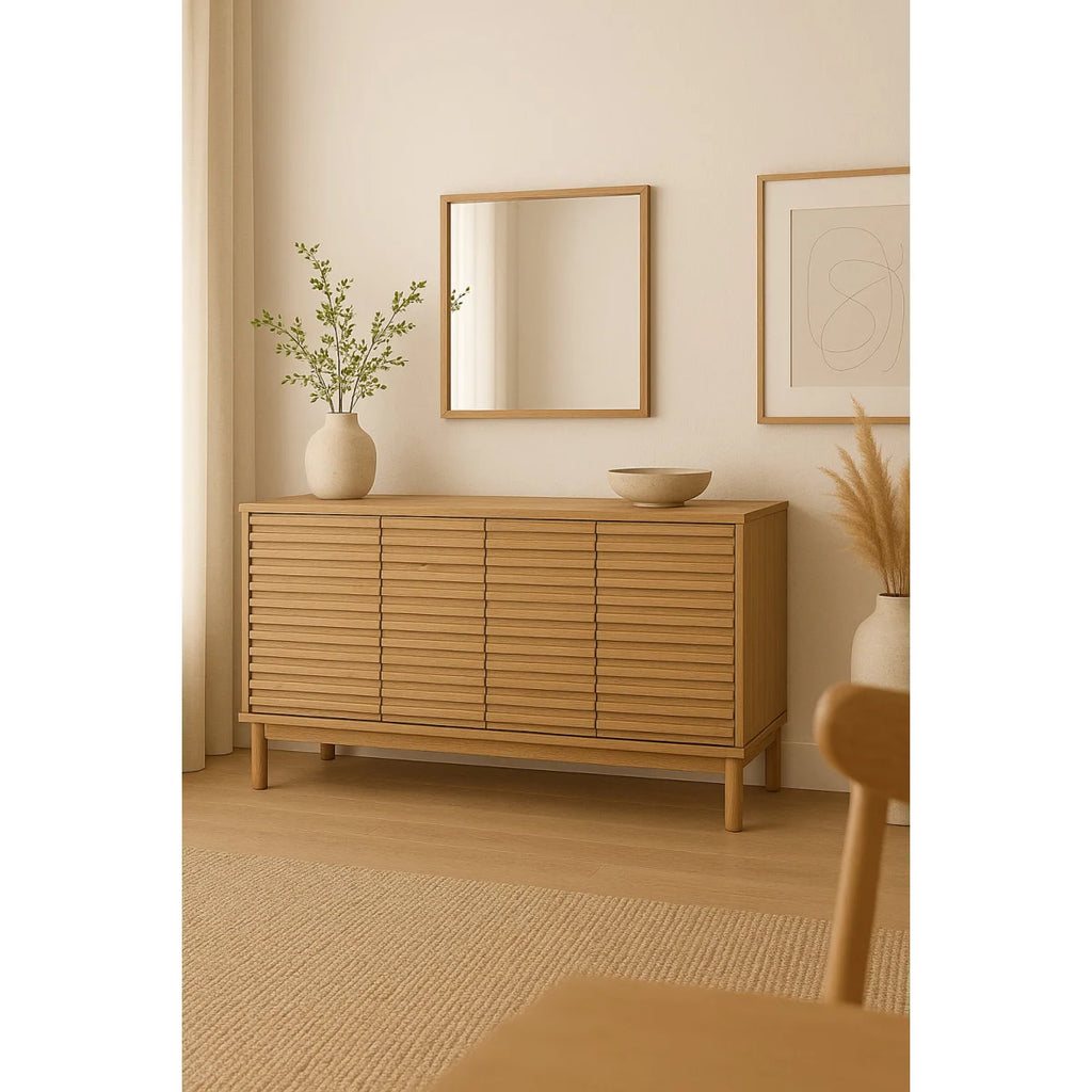 Buffet en bois clair cannelé 4 portes 163x46 cm