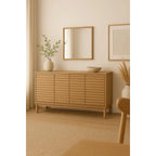 Buffet en bois clair cannelé 4 portes 163x46 cm