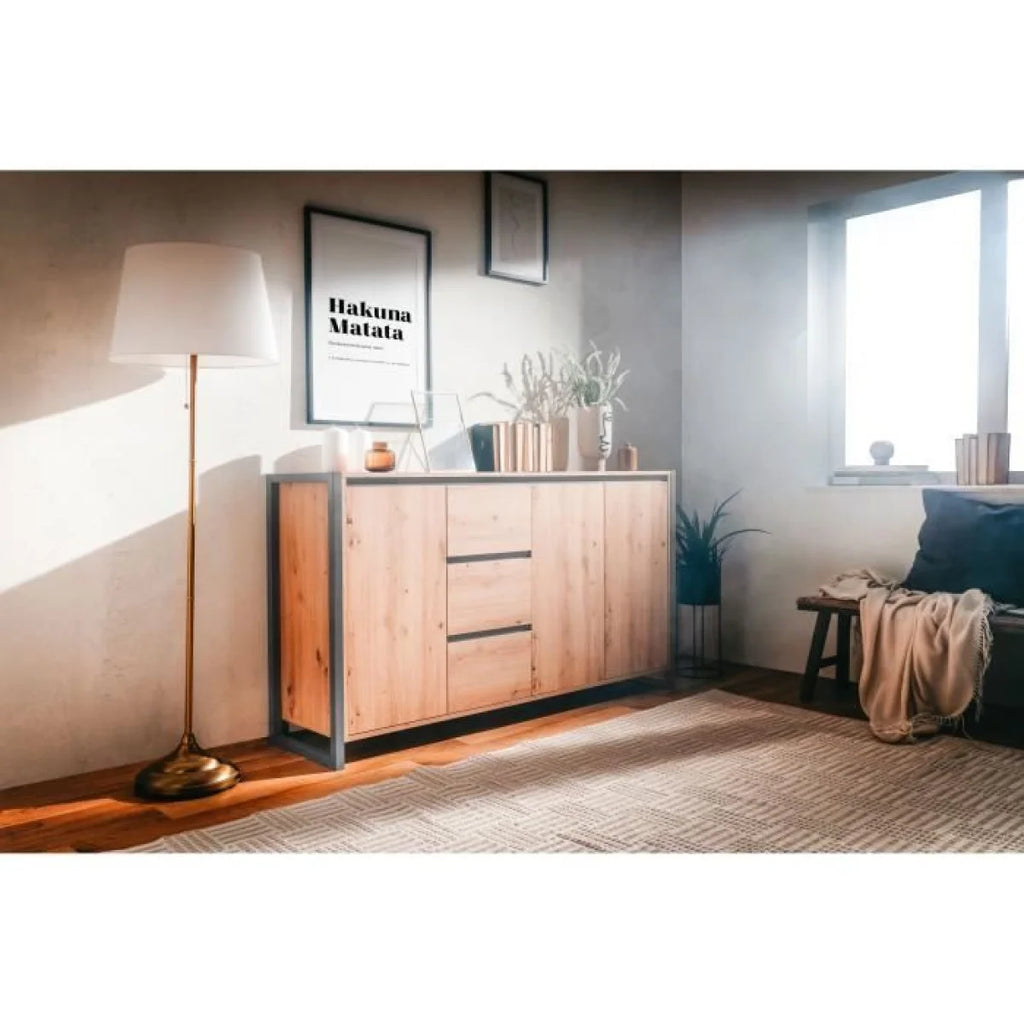 Buffet en bois effet chêne avec métal noir, 3 portes et 3 tiroirs, 160x40 cm