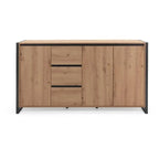 Buffet en bois effet chêne et métal noir avec trois tiroirs et portes, 160x40 cm