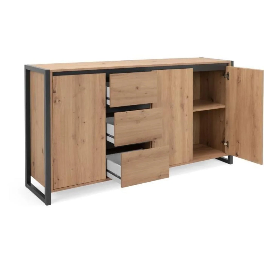 Buffet en bois effet chêne et métal noir avec portes ouvertes et tiroirs modernes