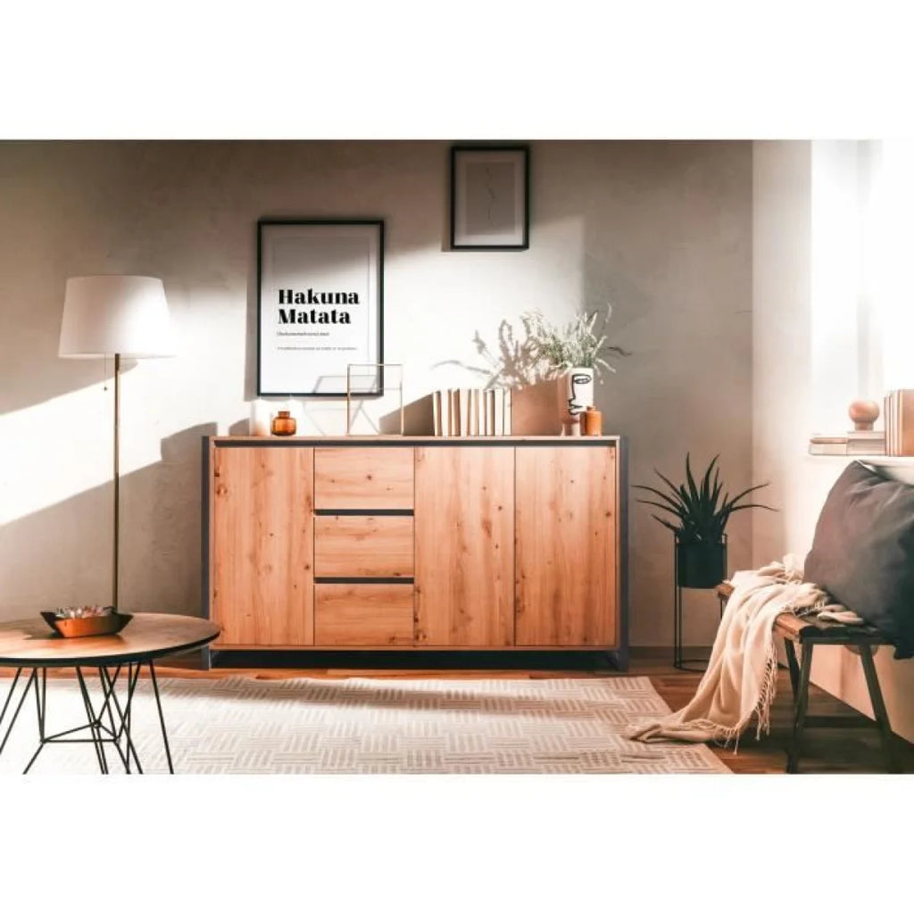 Buffet en bois effet chêne et métal noir avec 3 tiroirs et 3 portes, design minimaliste