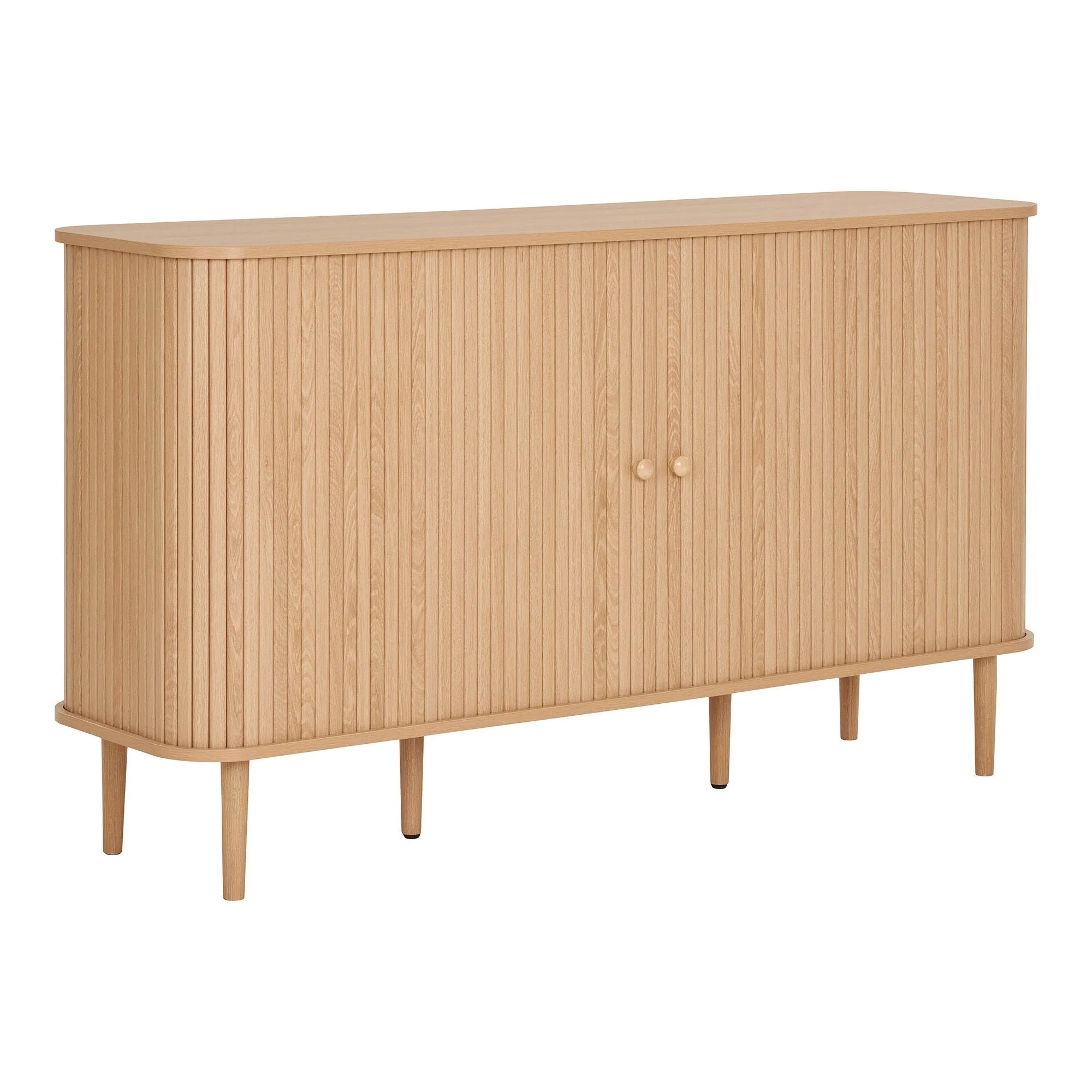Meuble en bois clair avec portes rainurées et forme arrondie pour rangement élégant