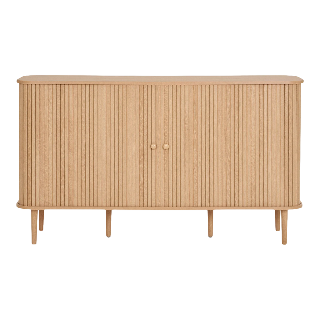 Buffet en bois rainuré naturel avec portes reédées et forme arrondie 140x40 cm