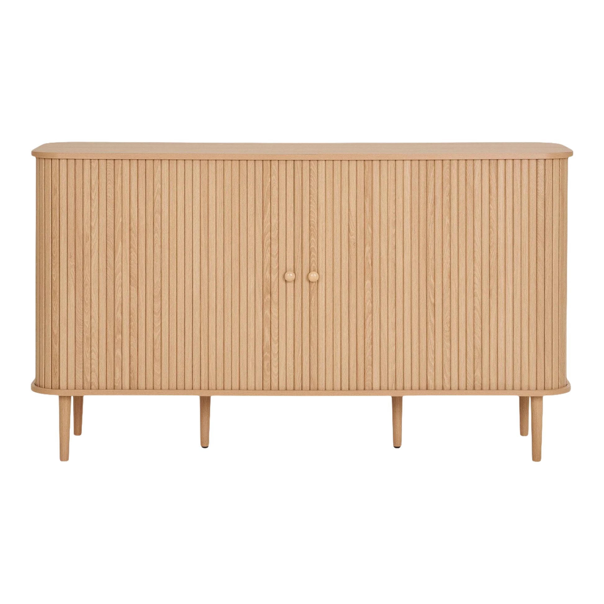 Buffet en bois rainuré naturel avec portes reédées et forme arrondie 140x40 cm